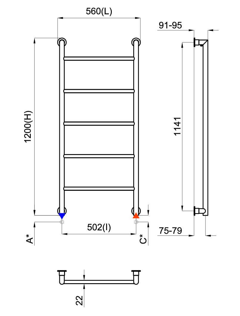 Porcelanosa Noken Round Radiator 560x1200mm – Black
