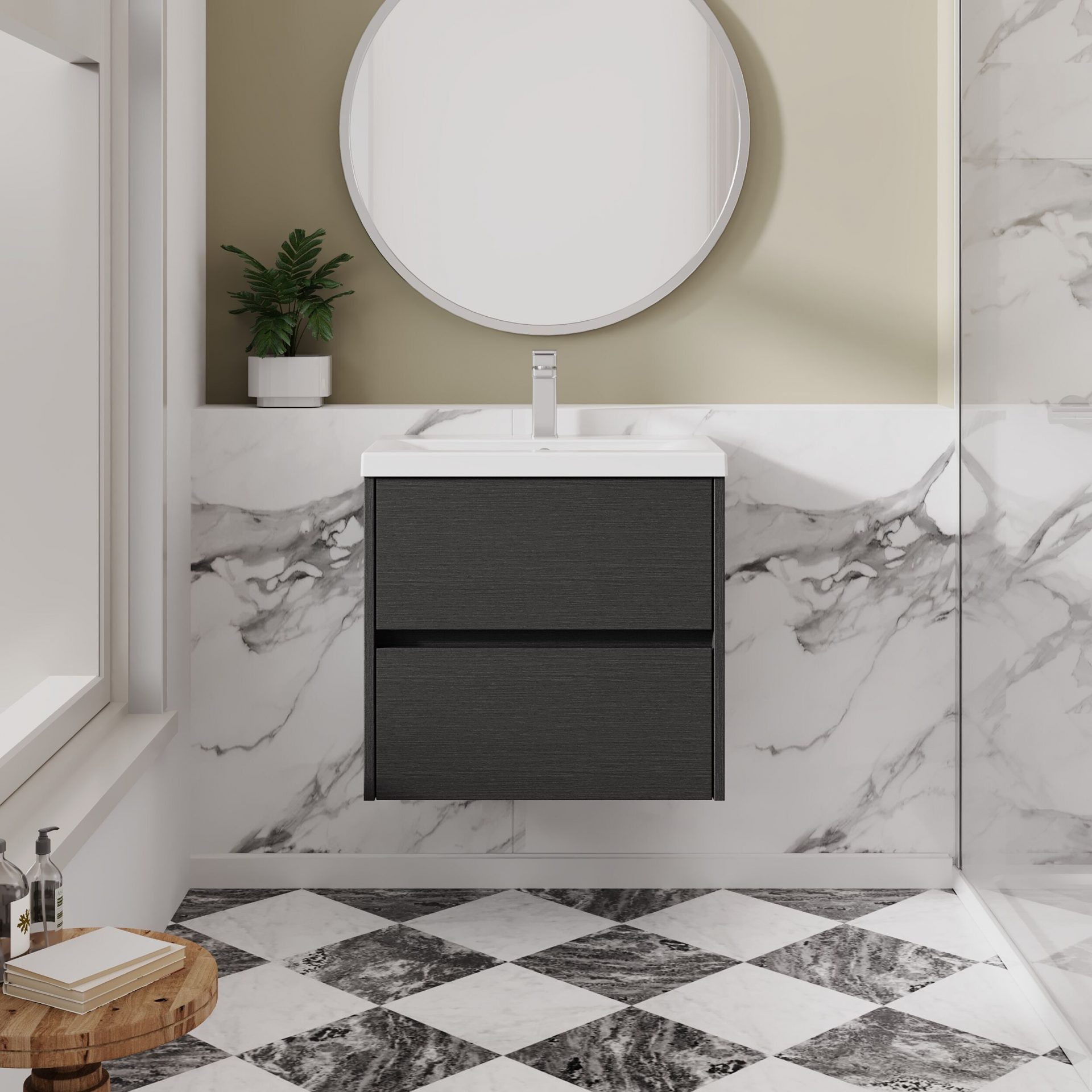 Nuie Havana 600mm 2 Drawer Wall Hung Unit & Mid Edge Basin – Graphite Grey