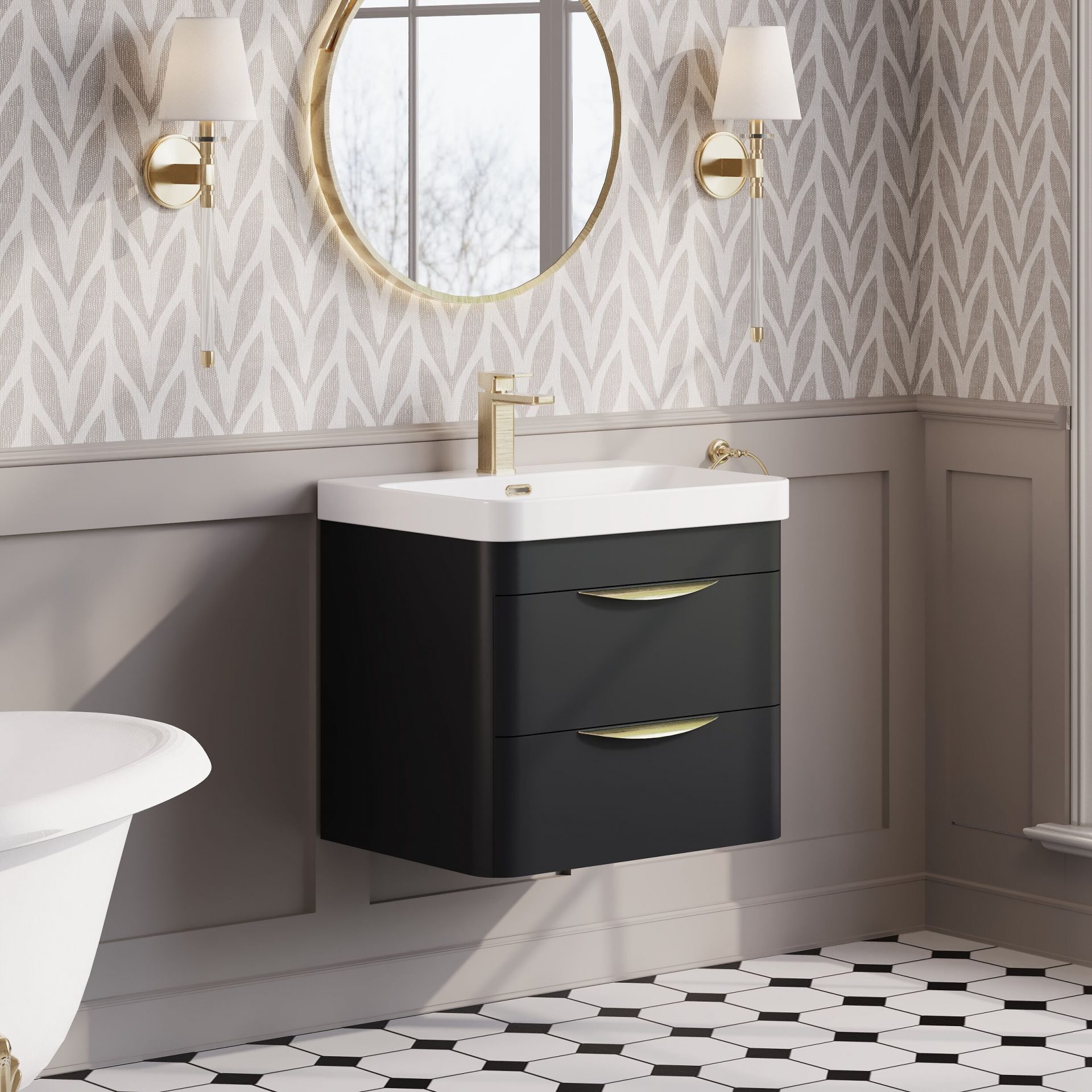Nuie Parade 600mm 2 Drawer Wall Hung Vanity Unit & Thin-Edge Ceramic Basin – Soft Black