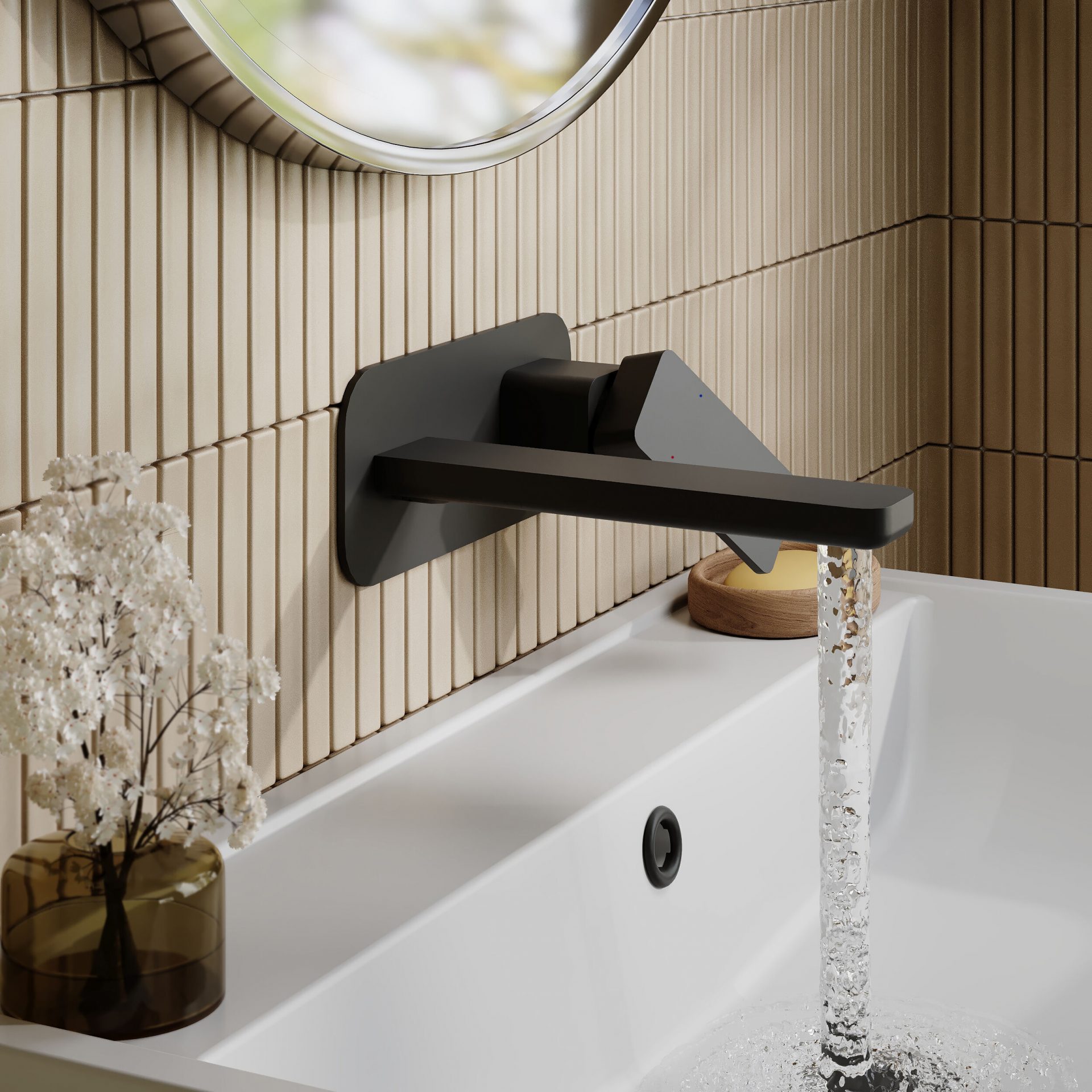 Nuie Windon Wall Mounted 2 Tap Hole Basin Mixer With Plate – Matt Black