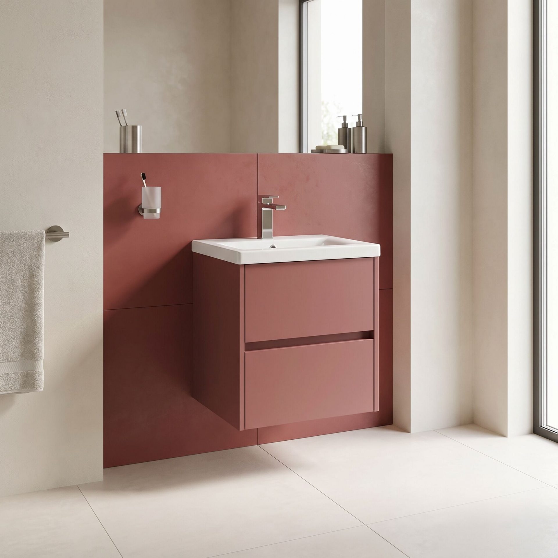 Nuie Havana 500mm 2 Drawer Wall Hung Unit & Mid Edge Basin – Smoked Red