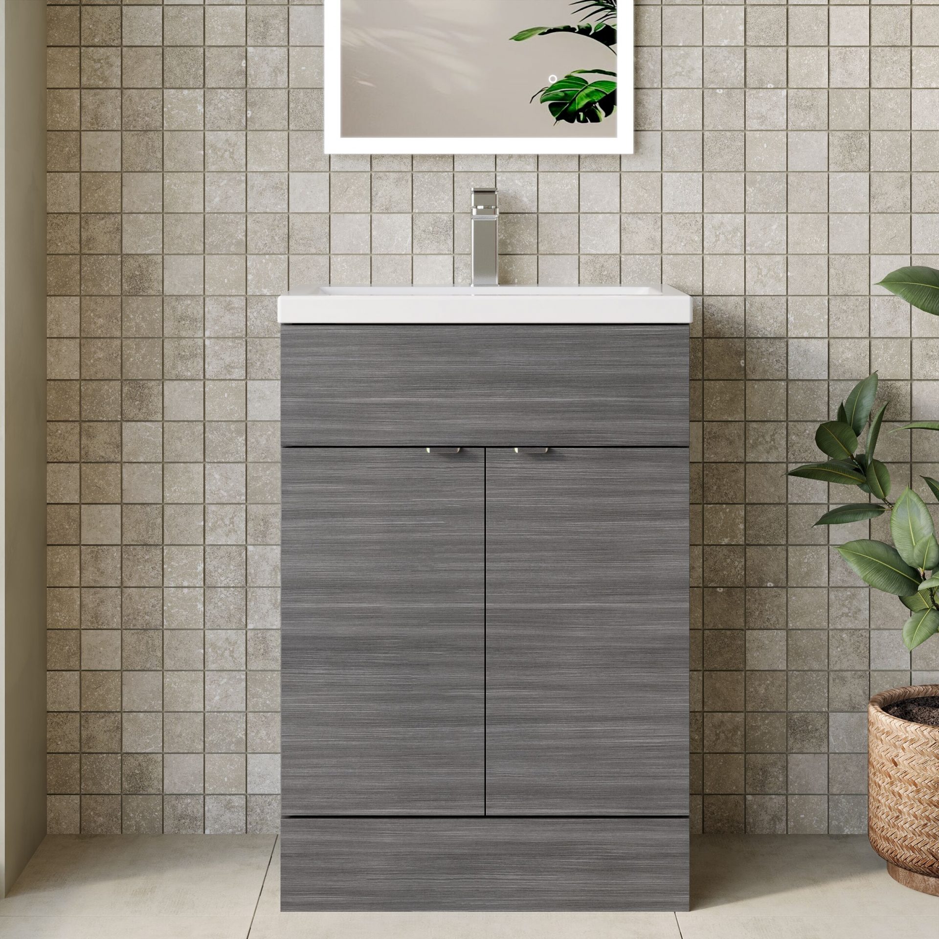 Hudson Reed Fusion Full Depth 600mm 2 Door Floor Standing Vanity Unit – Anthracite Woodgrain