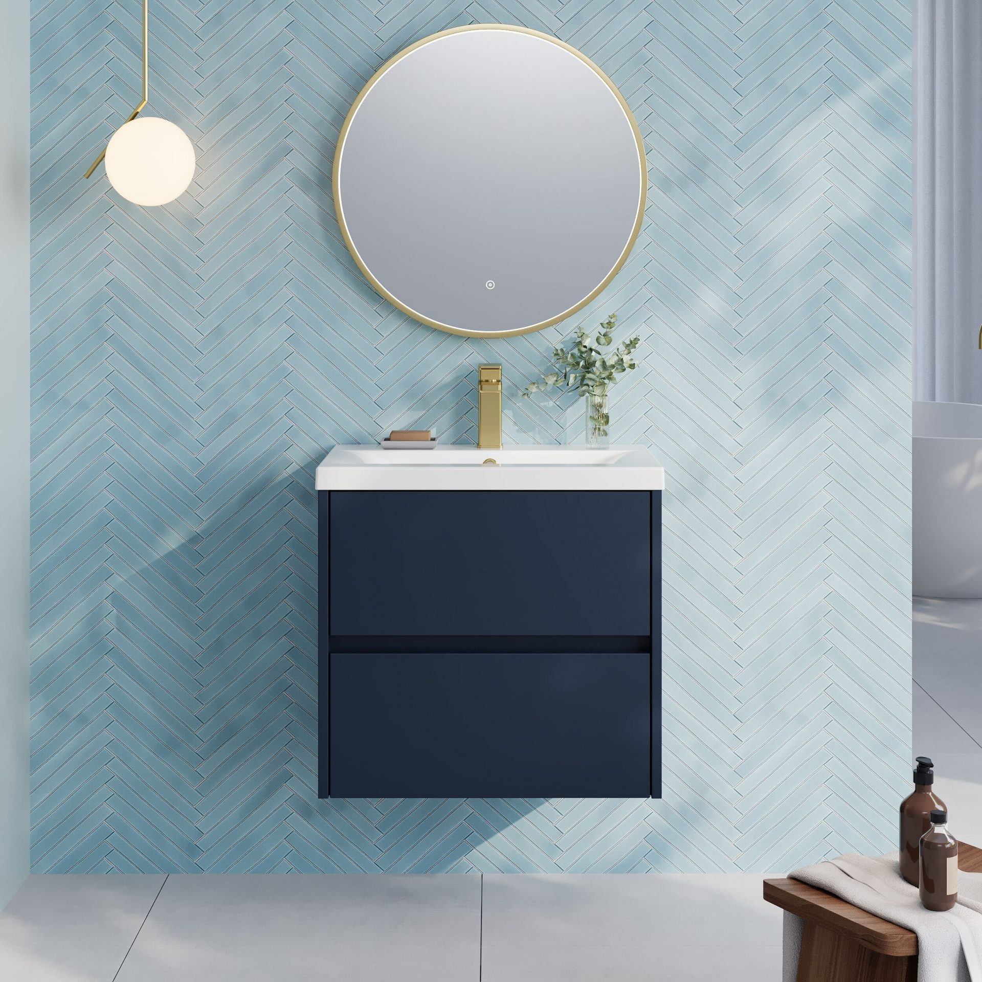 Nuie Havana 600mm 2 Drawer Wall Hung Unit & Mid Edge Basin – Midnight Blue