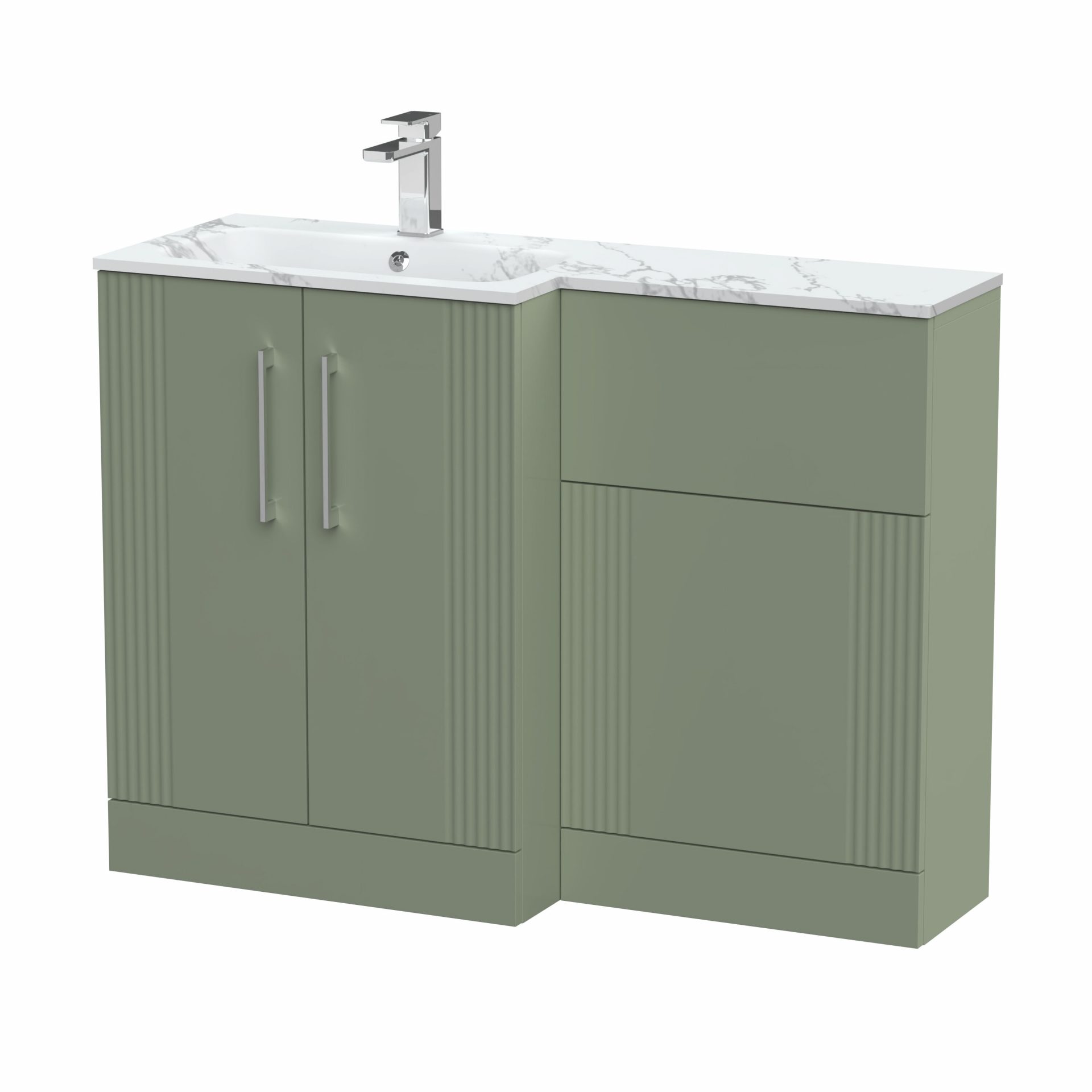 Nuie Deco 1100mm 2 Door Floor Standing Combination Unit with Carrara Marble Basin – Satin Green