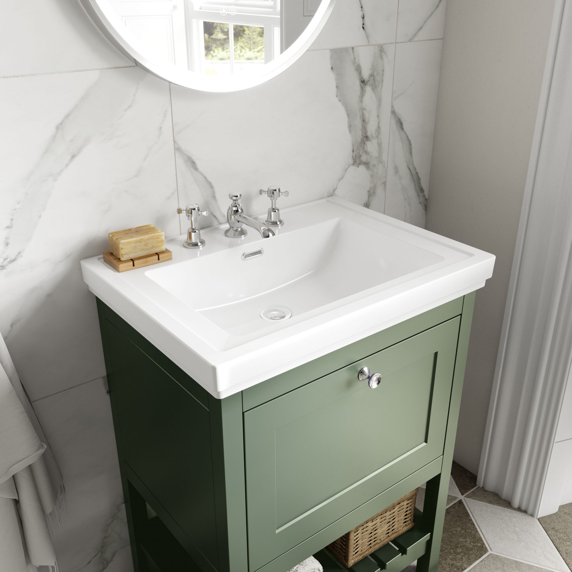Old London Bexley 600mm 1 Drawer Floor Standing Vanity Unit & Basin – Fern Green