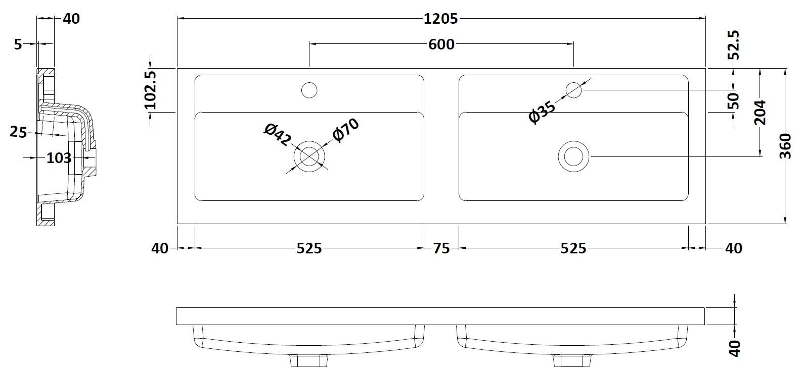 Hudson Reed 1200mm 2 Tap Hole Twin Polymarble Basin