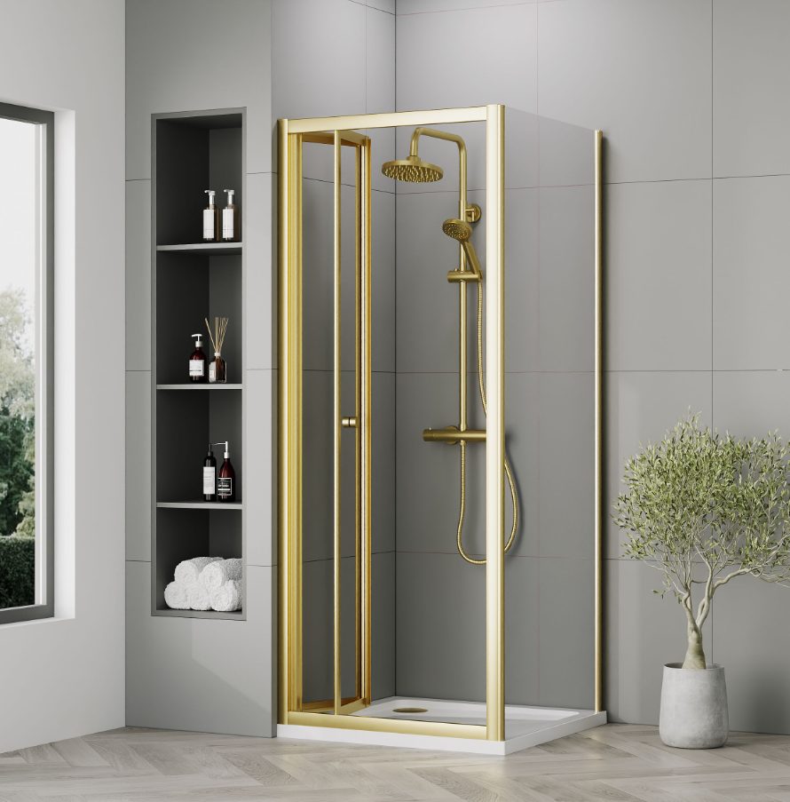 800 x 800mm Brushed Brass Bi-fold Door Shower Enclosure With White Tray