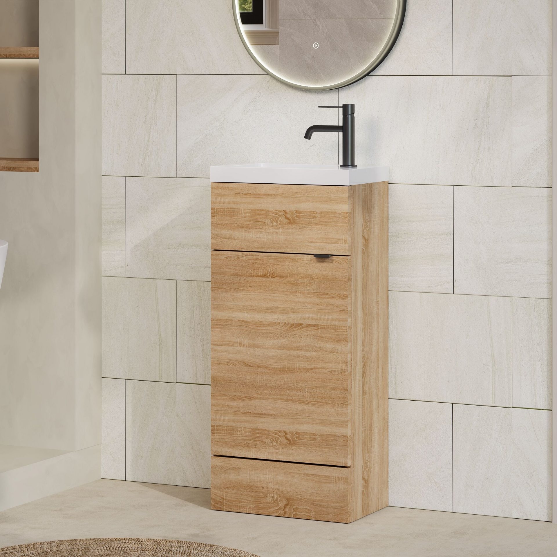 Hudson Reed Fusion Slimline 400mm 1 Door Floor Standing Vanity Unit – Bleached Oak