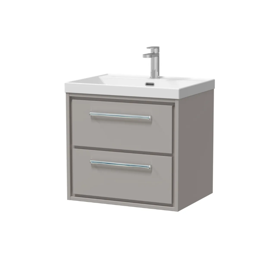 Hudson Reed Lille 600mm 2 Drawer Wall Hung Vanity Unit & Optional Basin – Pebble Grey
