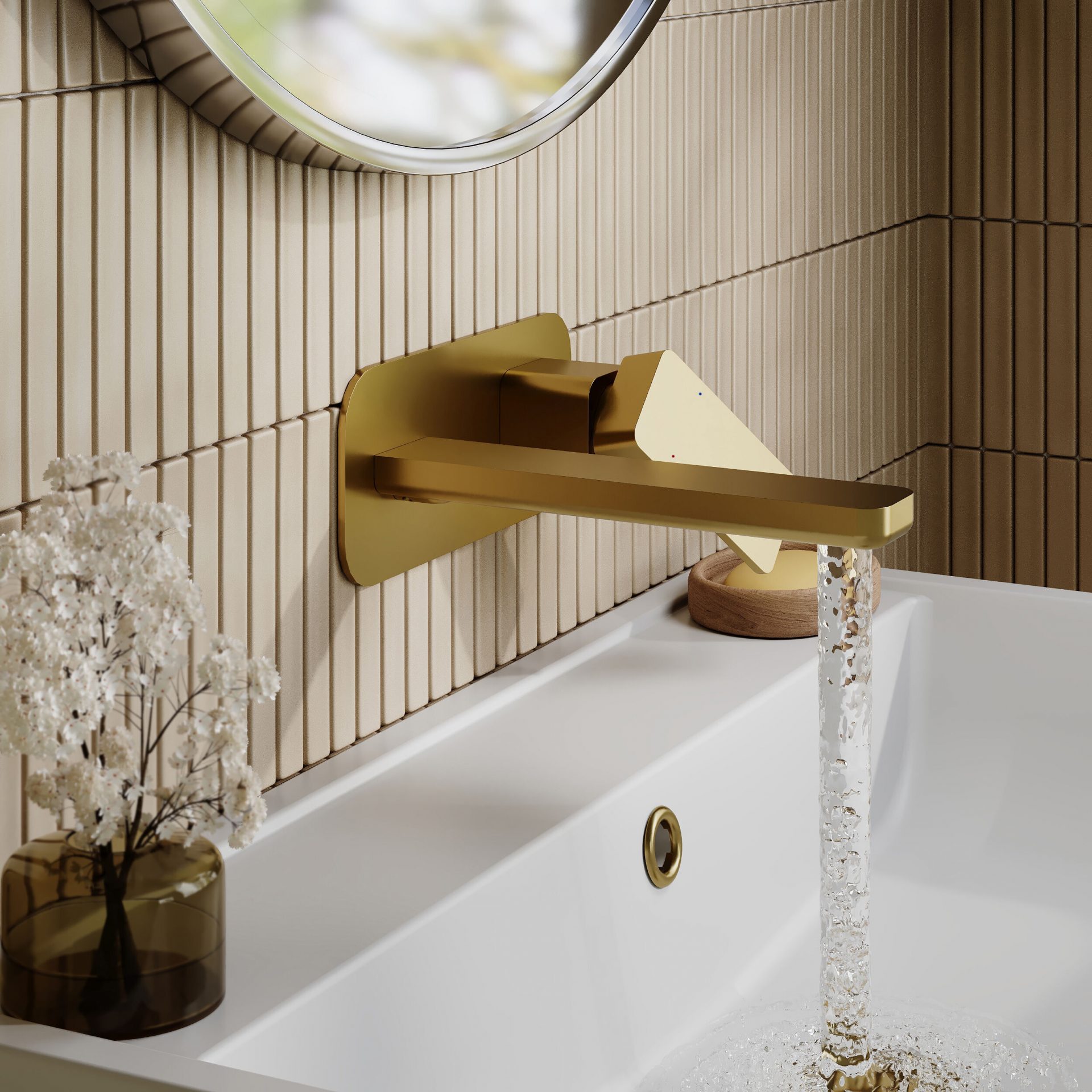 Nuie Windon Wall Mounted 2 Tap Hole Basin Mixer With Plate – Brushed Brass