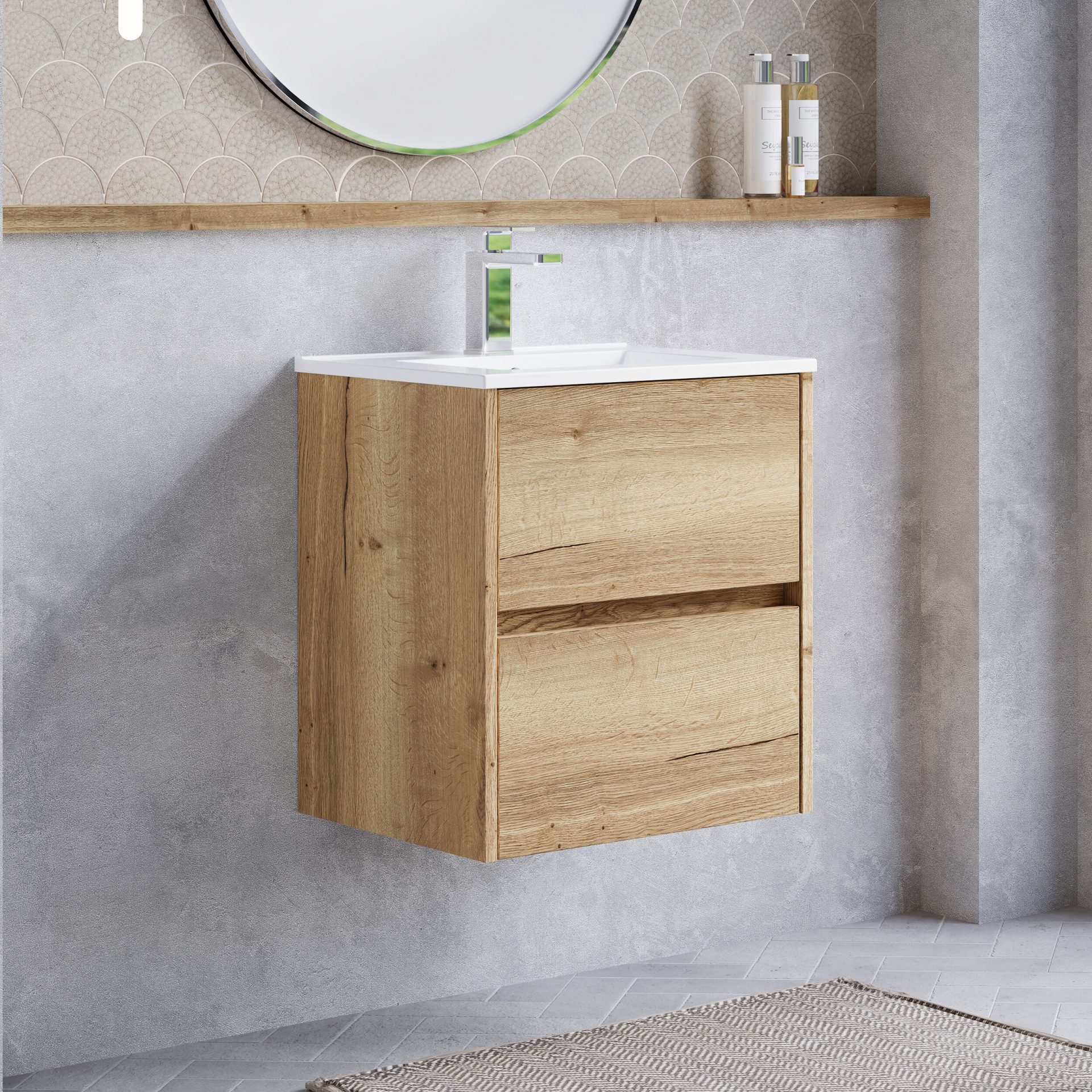 Nuie Havana 500mm 2 Drawer Wall Hung Unit & Minimalist Basin – Autumn Oak