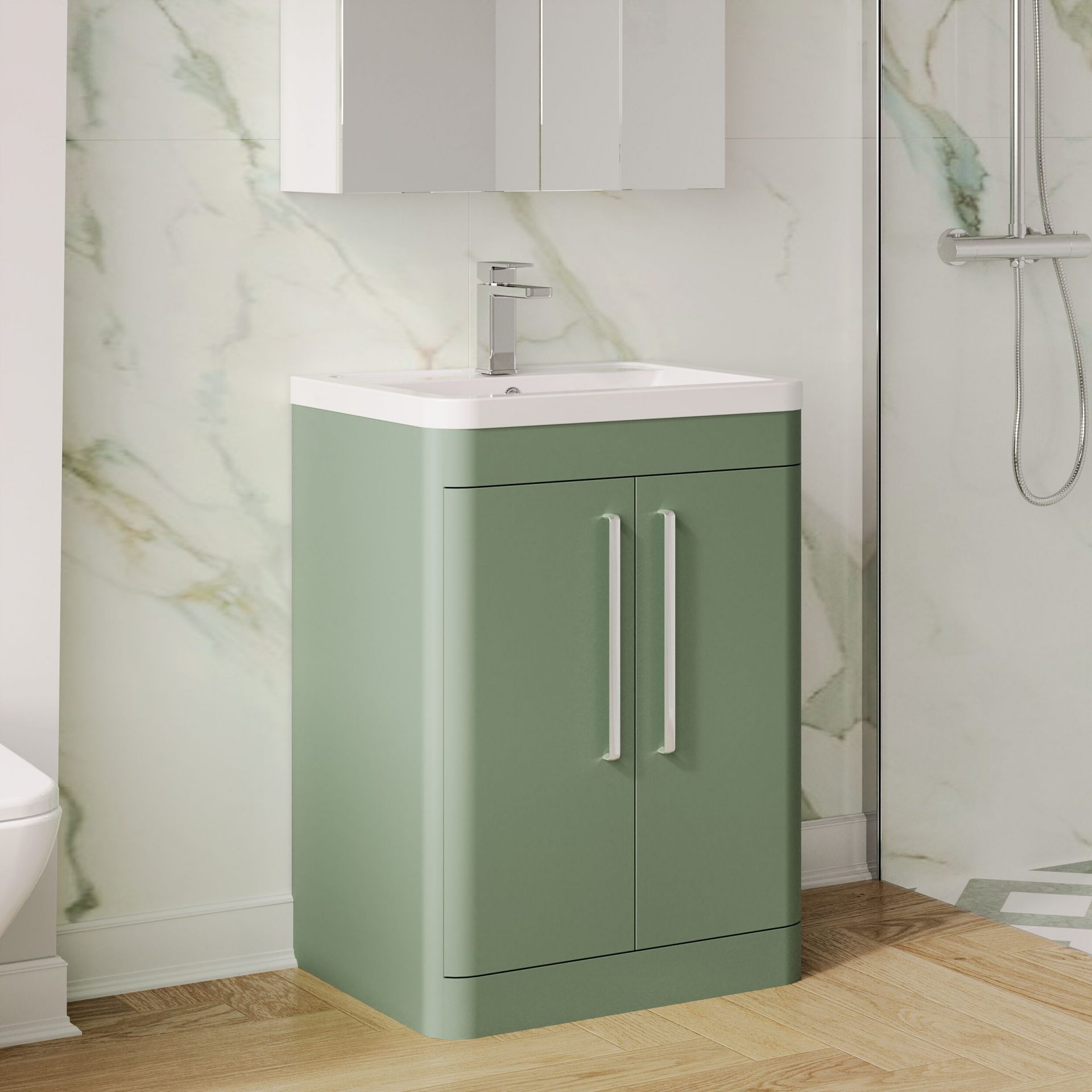 Nuie Parade 600mm 2 Door Floorstanding Vanity Unit & Ceramic Basin – Satin Green