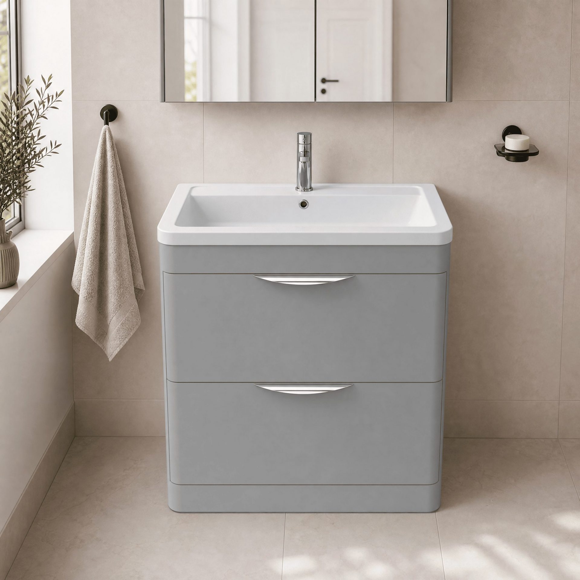 Nuie Parade 800mm 2 Drawer Floorstanding Vanity Unit & Ceramic Basin – Satin Grey