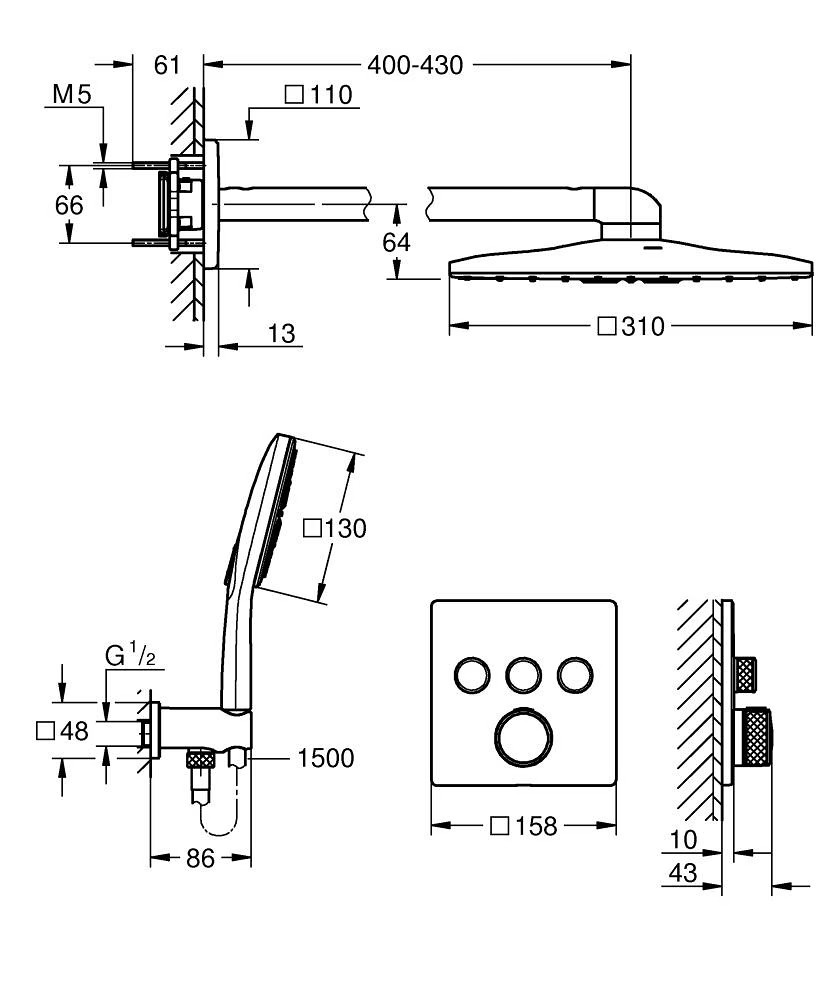 Grohe Grohtherm SmartControl Square Concealed Shower System – Chrome