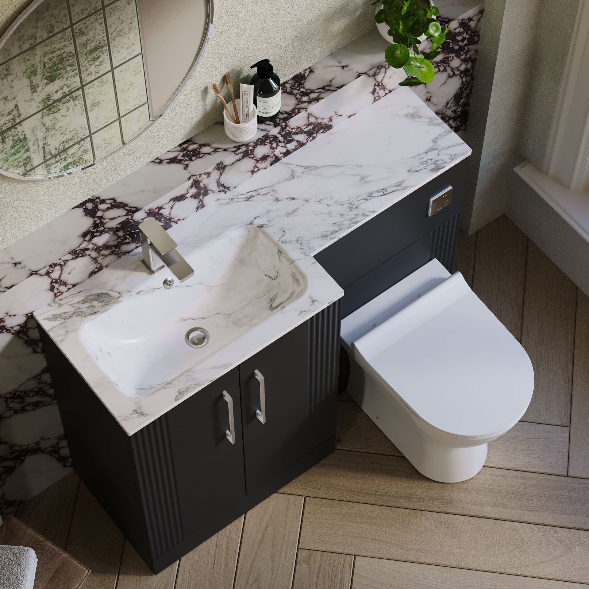 Nuie Deco 1100mm 2 Door Floor Standing Combination Unit with Carrara Marble Basin – Soft Black