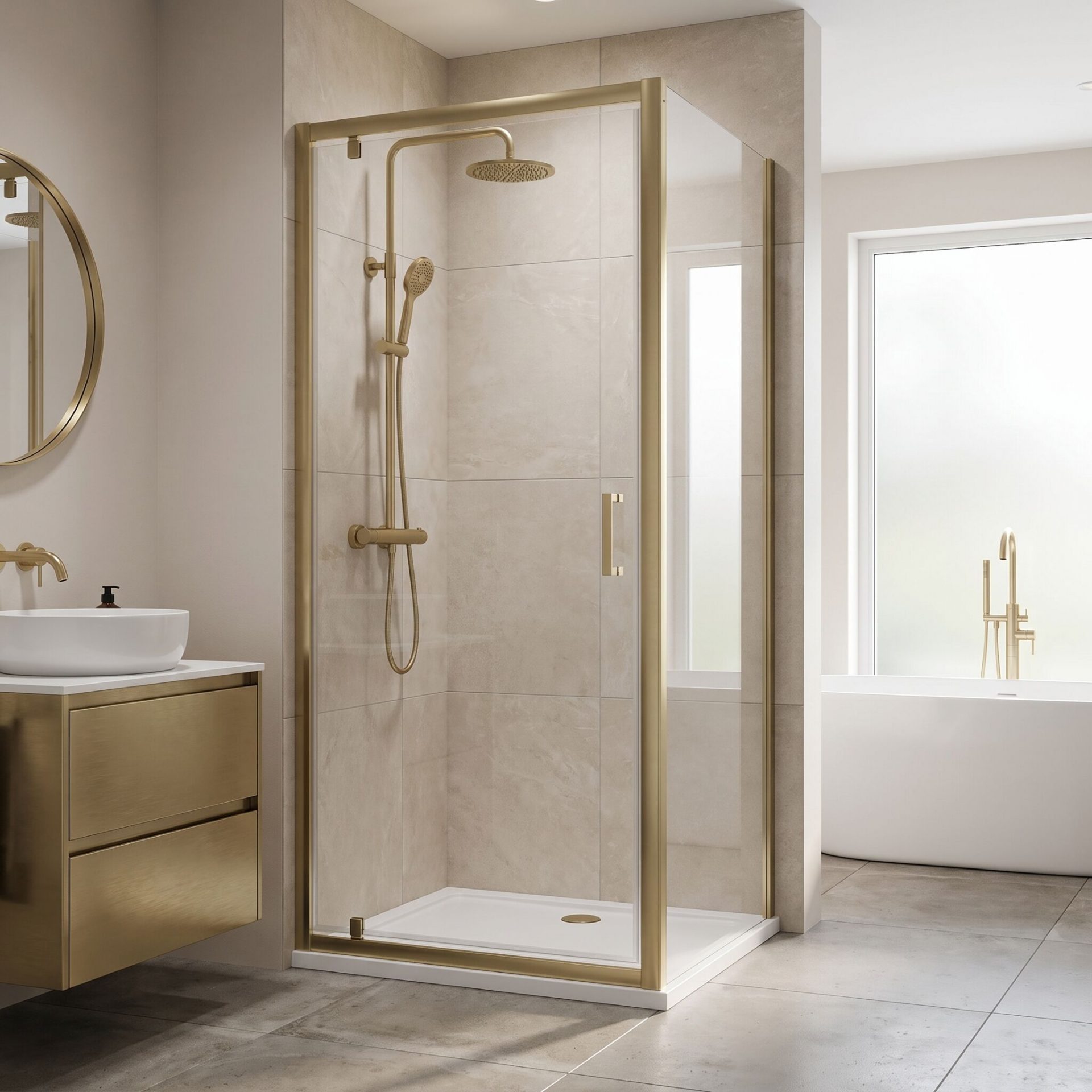 Nuie Rene 6mm Pivot Shower Door Enclosures – Brushed Brass