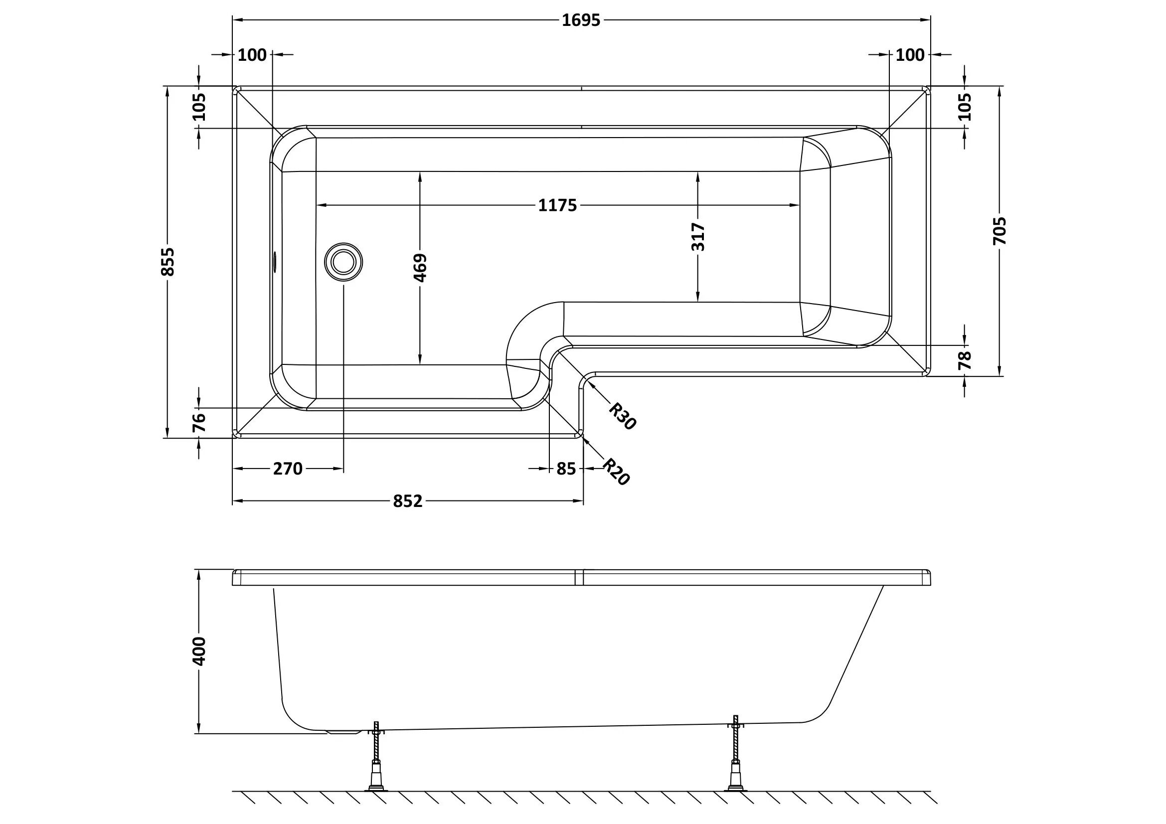 Nuie 1700mm L-Shaped Left-Hand 8 Jet Whirlpool Bath