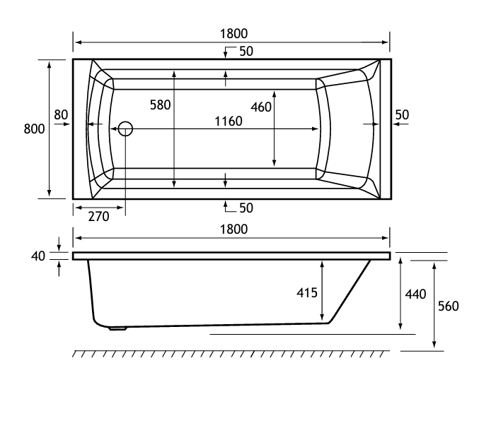 Eastbrook Ultra Strong Beauforte Rockall Single Ended Bath 1800x800mm