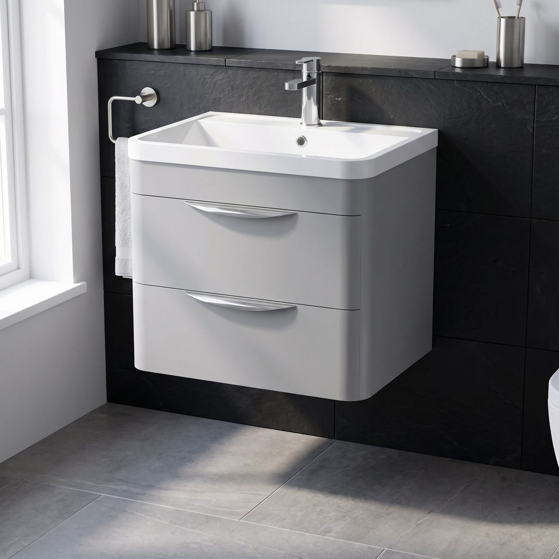 Nuie Parade 600mm 2 Drawer Wall Hung Vanity Unit & Polymarble Basin – Satin Grey