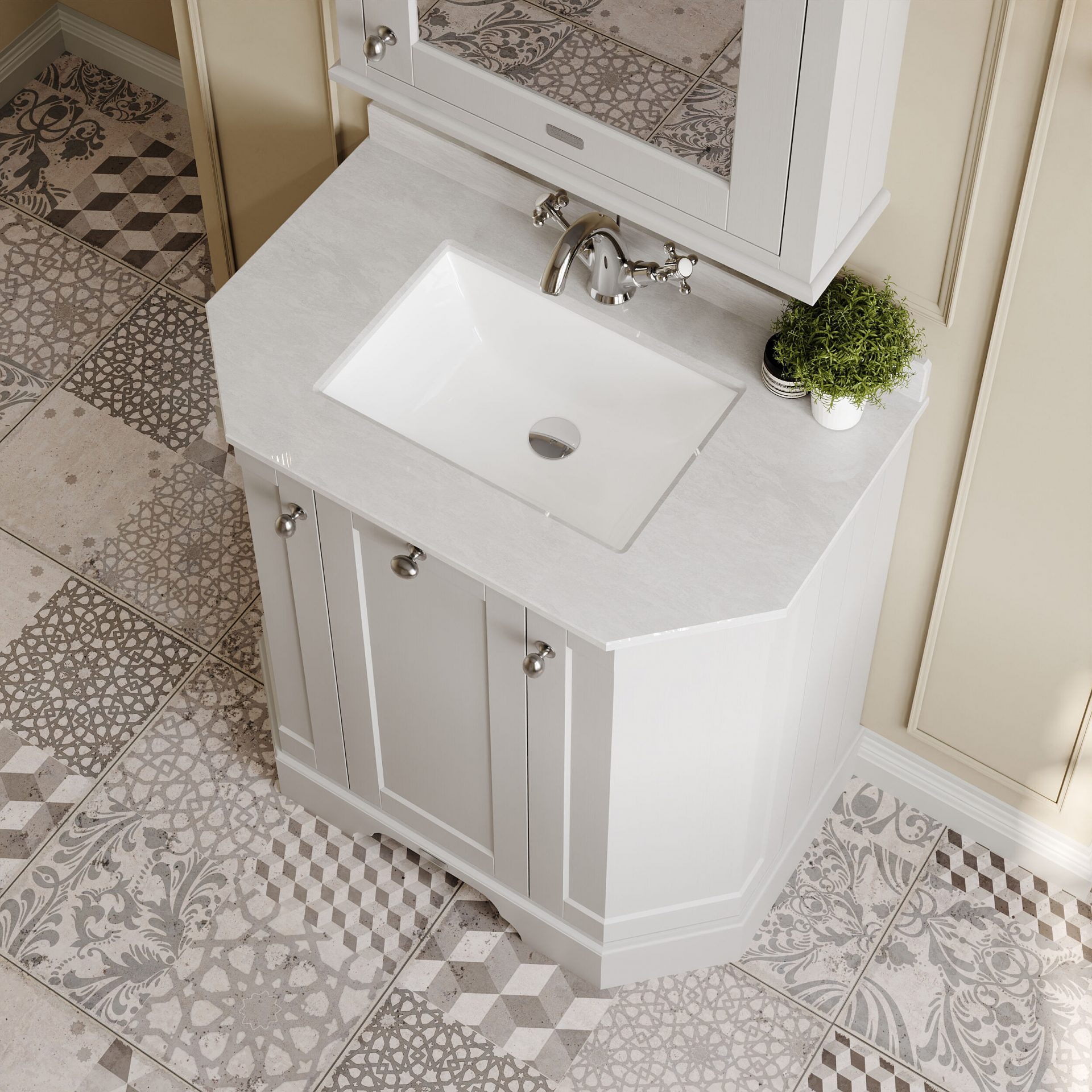 Old London 750mm 3 Door Floor Standing Angled Vanity Unit & White Marble Basin – Timeless Sand