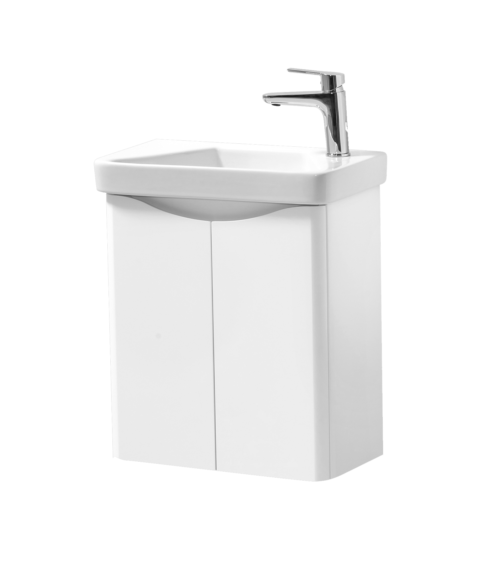 Arc 500mm 2 Door Cloakroom Wall Mounted Unit & Ceramic Basin – White Gloss