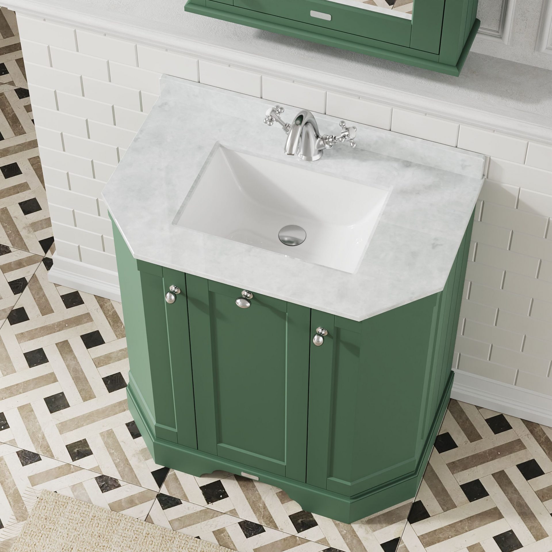 Old London 750mm 3 Door Floor Standing Angled Vanity Unit & White Marble Basin – Hunter Green