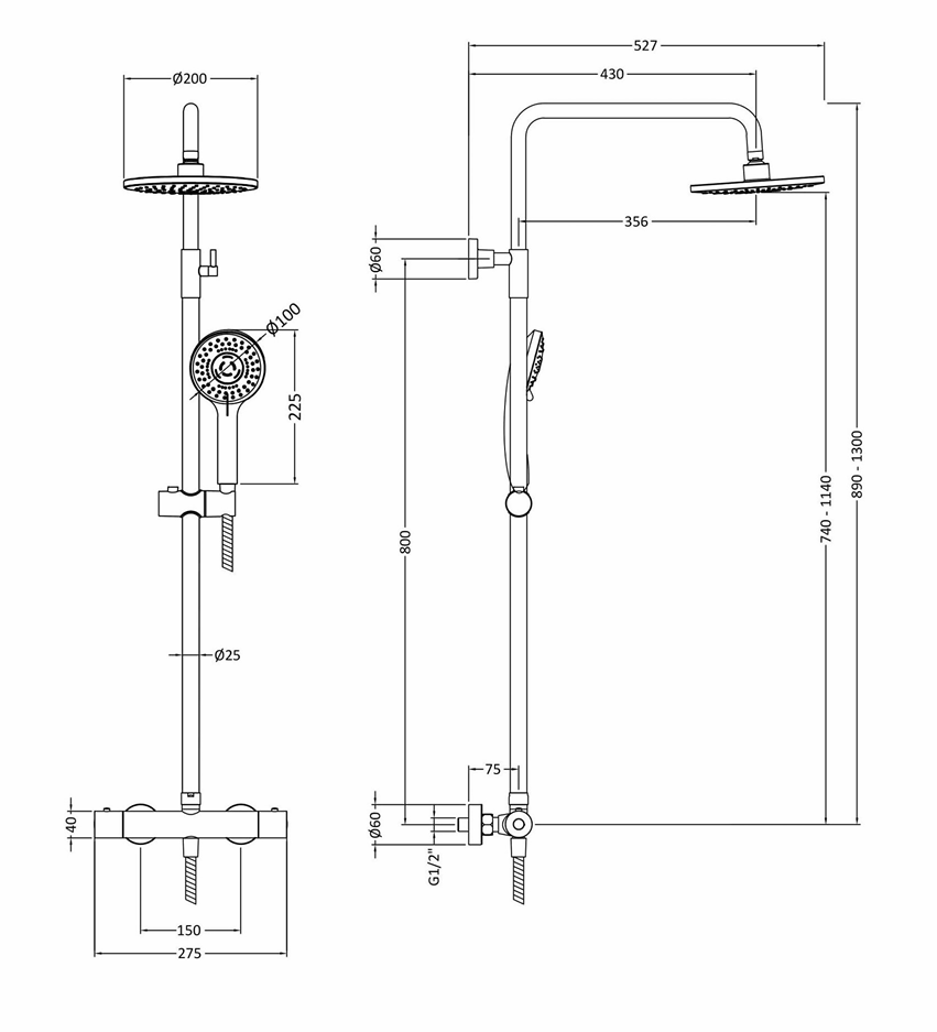 900mm Chrome Quadrant Shower Enclosure With White Tray, Waste and Round Thermostatic Shower Kit