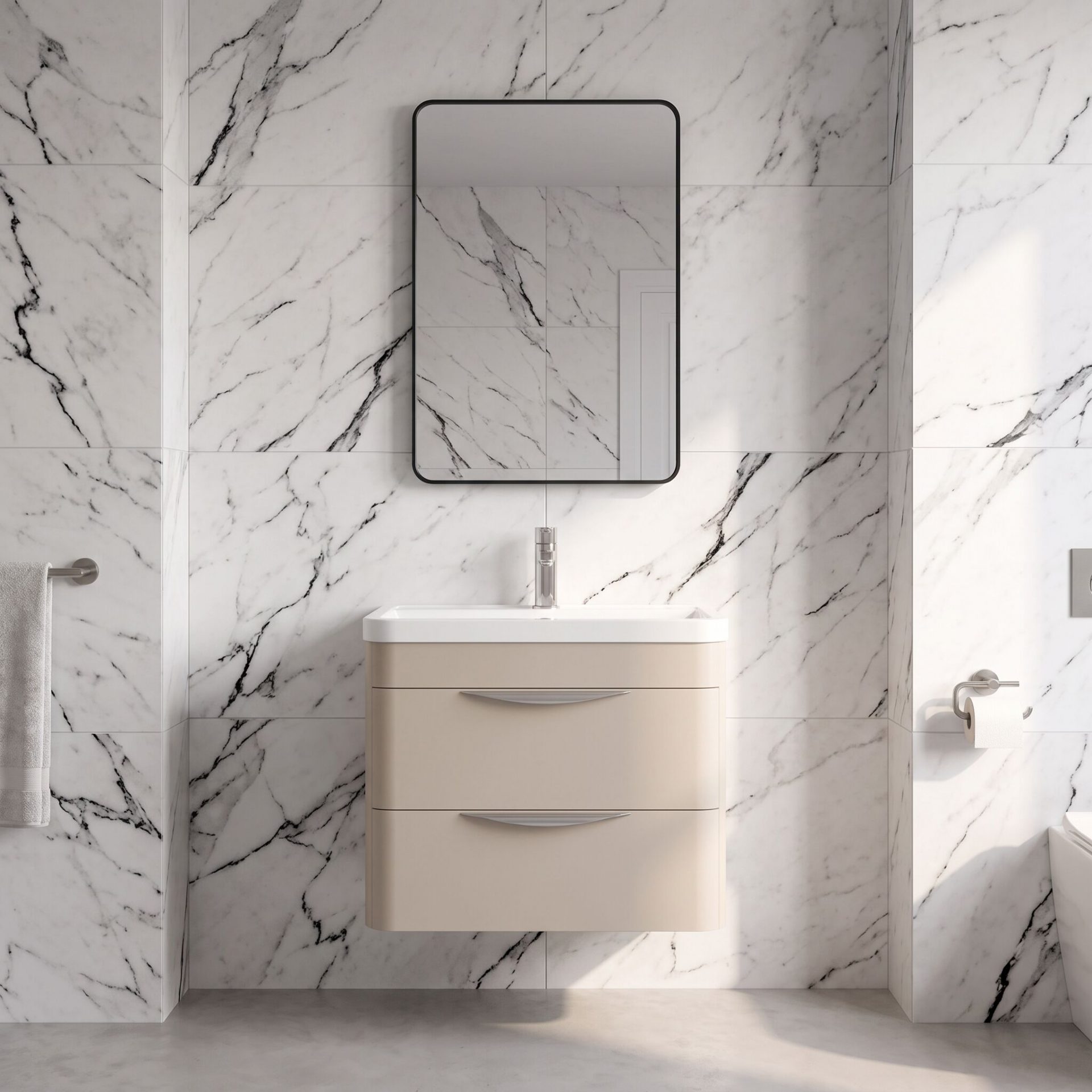 Nuie Parade 600mm 2 Drawer Wall Hung Vanity Unit & Polymarble Basin – Pebble Grey