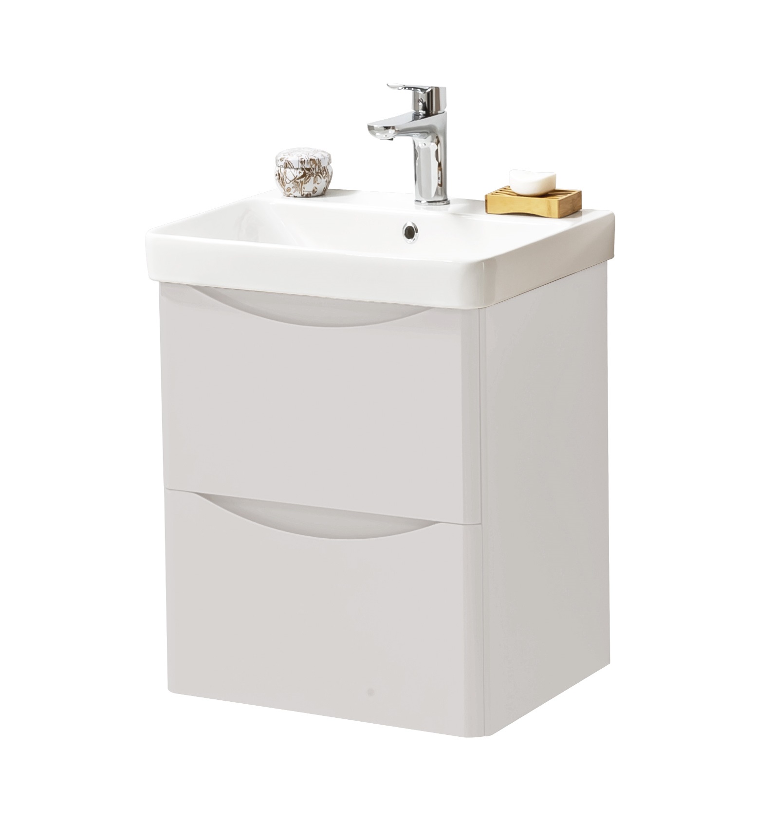 Arc 500mm 2 Drawer Wall Mounted Unit & Ceramic Basin – Cashmere