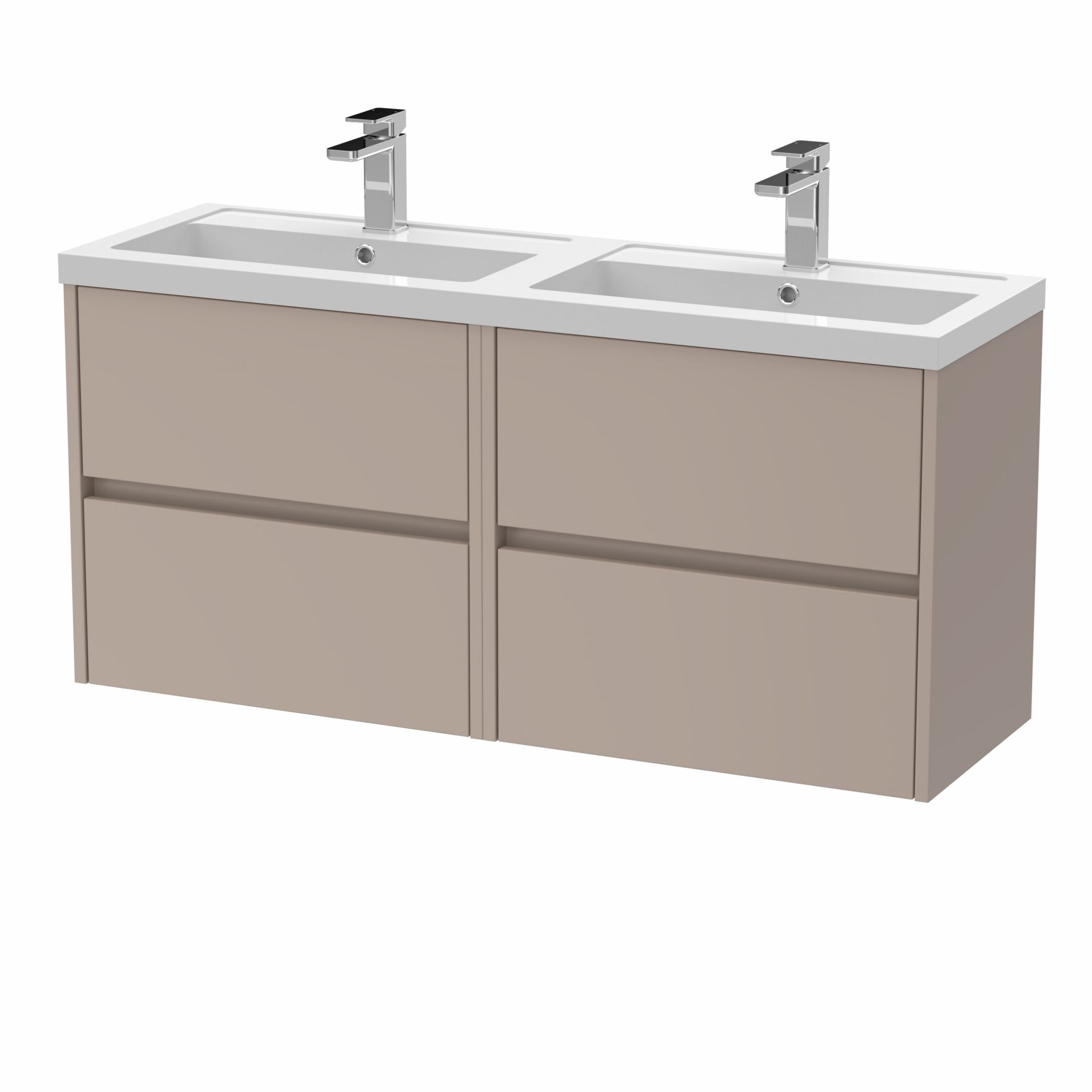 Nuie Havana 1200mm 4 Drawer Wall Hung Unit & Twin Polymarble Basin – Soft Linen