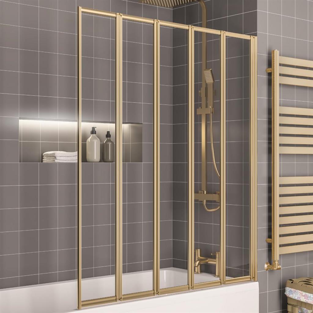Eastbrook Volente 1400x1250mm Folding Bath Screen with 5 Fold Panels – Brushed Brass