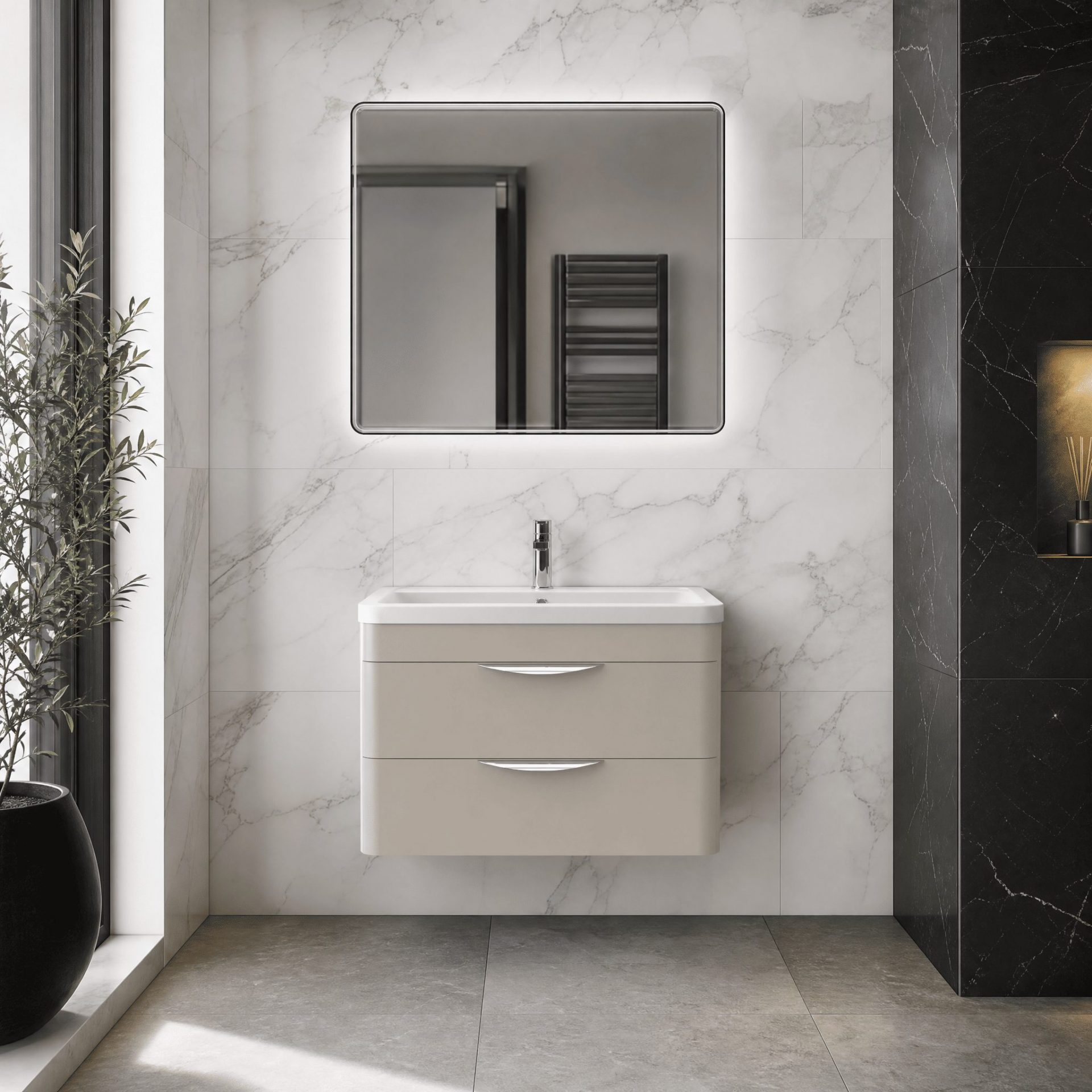 Nuie Parade 800mm 2 Drawer Wall Hung Vanity Unit & Ceramic Basin – Pebble Grey