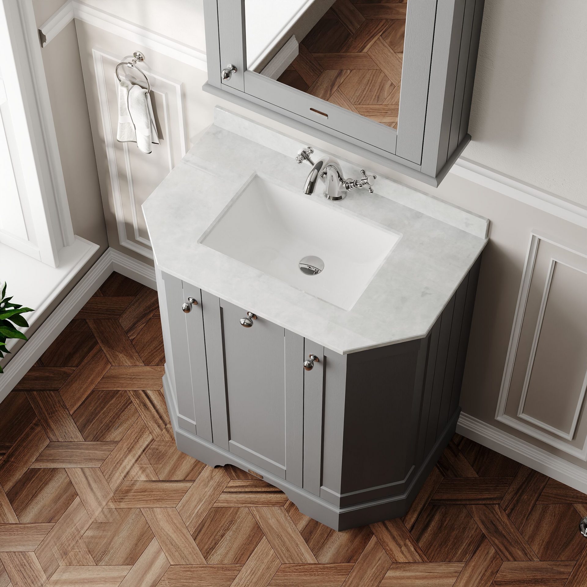 Old London 750mm 3 Door Floor Standing Angled Vanity Unit & White Marble Basin – Storm Grey