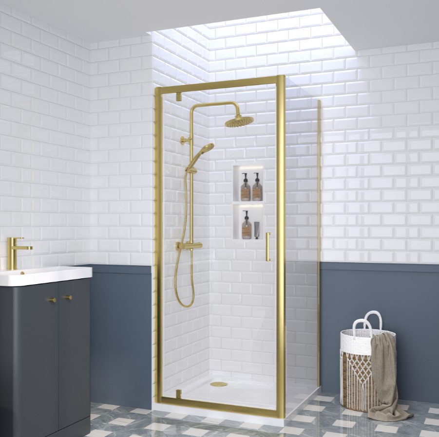 800 x 800mm Brushed Brass Pivot Door Shower Enclosure With White Tray