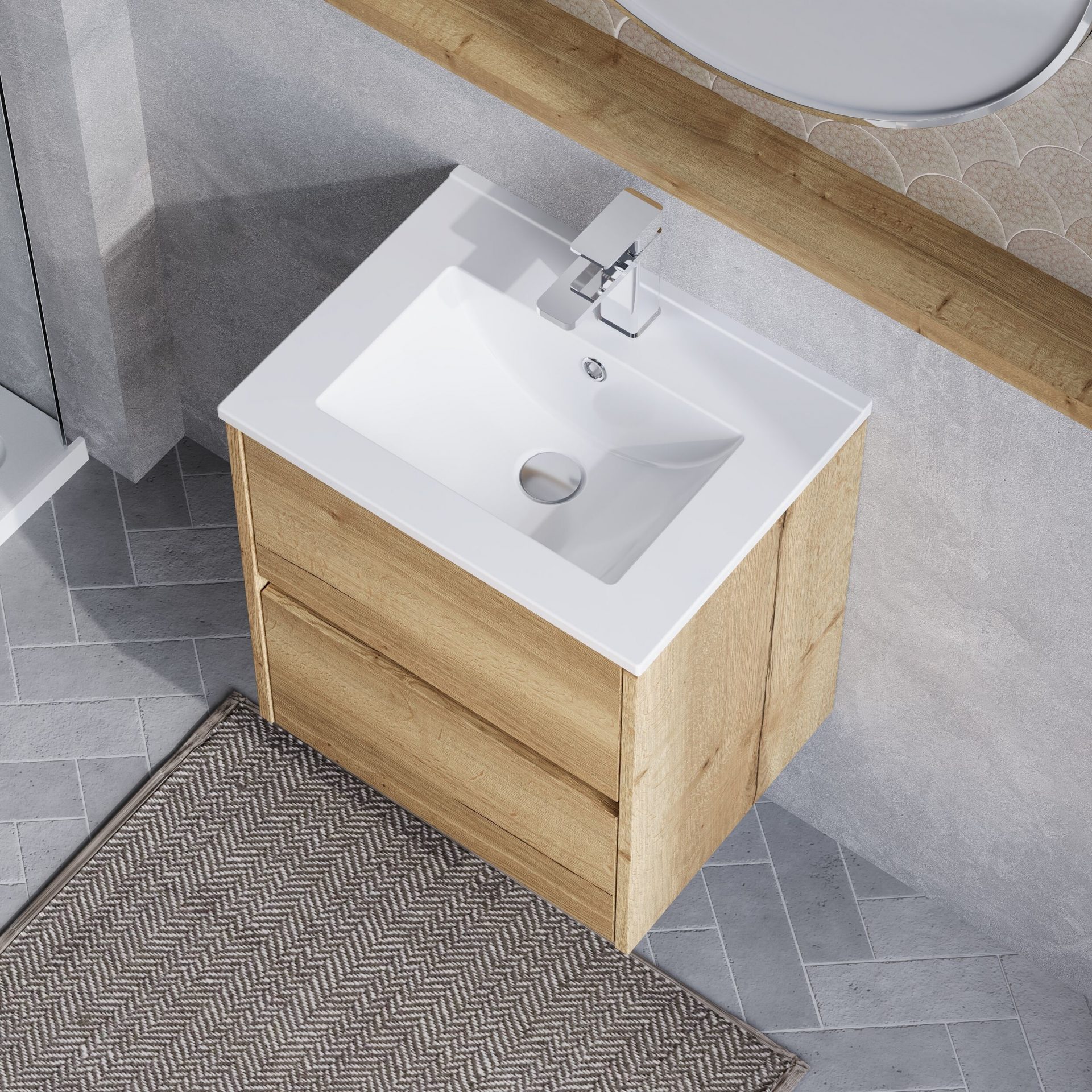 Nuie Havana 500mm 2 Drawer Wall Hung Unit & Minimalist Basin – Autumn Oak