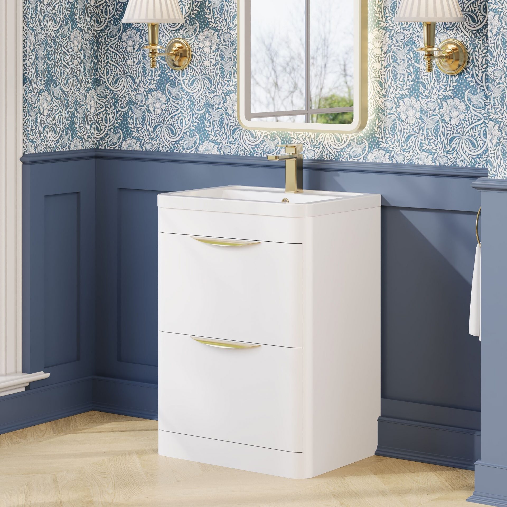 Nuie Parade 600mm 2 Drawer Floorstanding Vanity Unit & Ceramic Basin – Gloss White