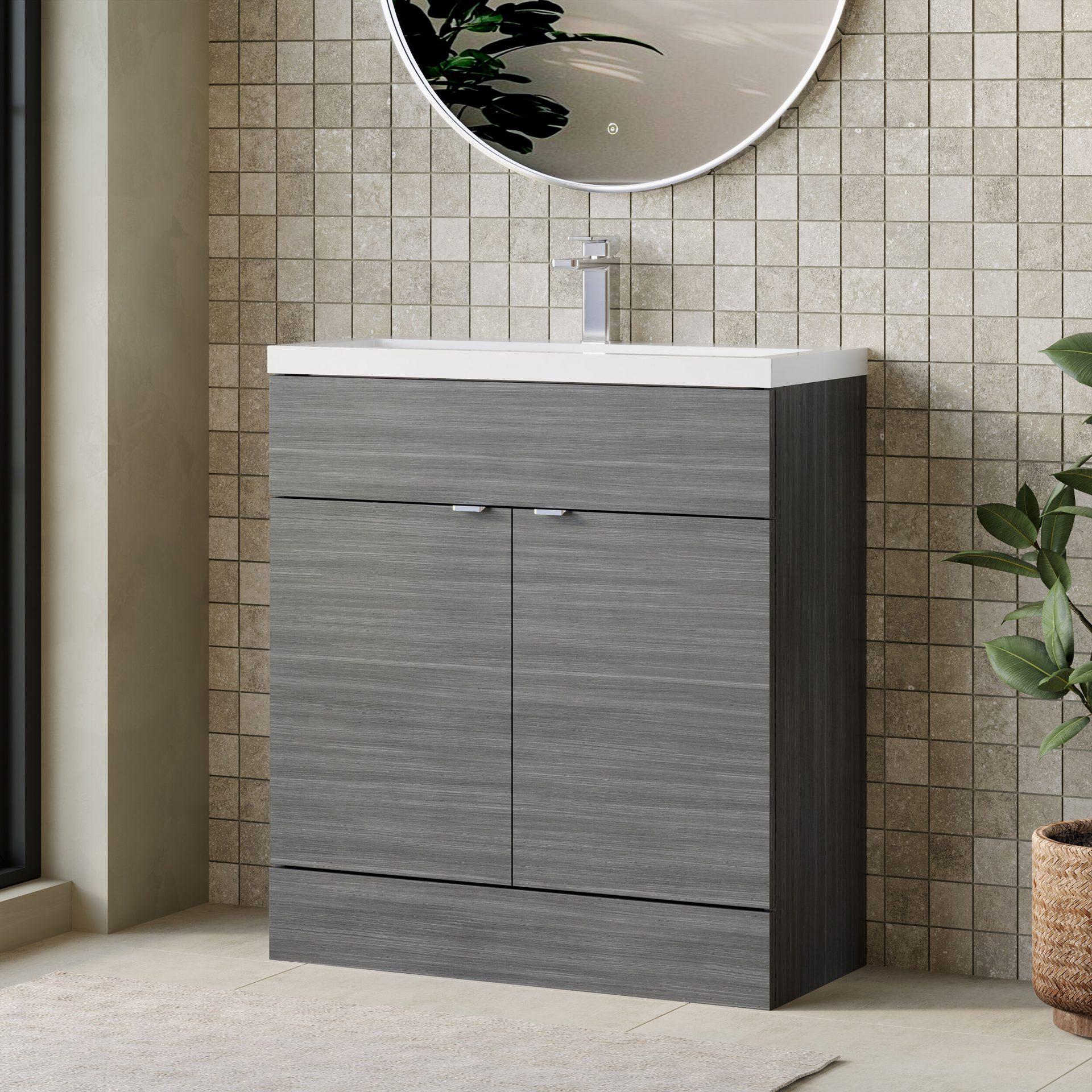 Hudson Reed Fusion Full Depth 800mm 2 Door Floor Standing Vanity Unit – Anthracite Woodgrain