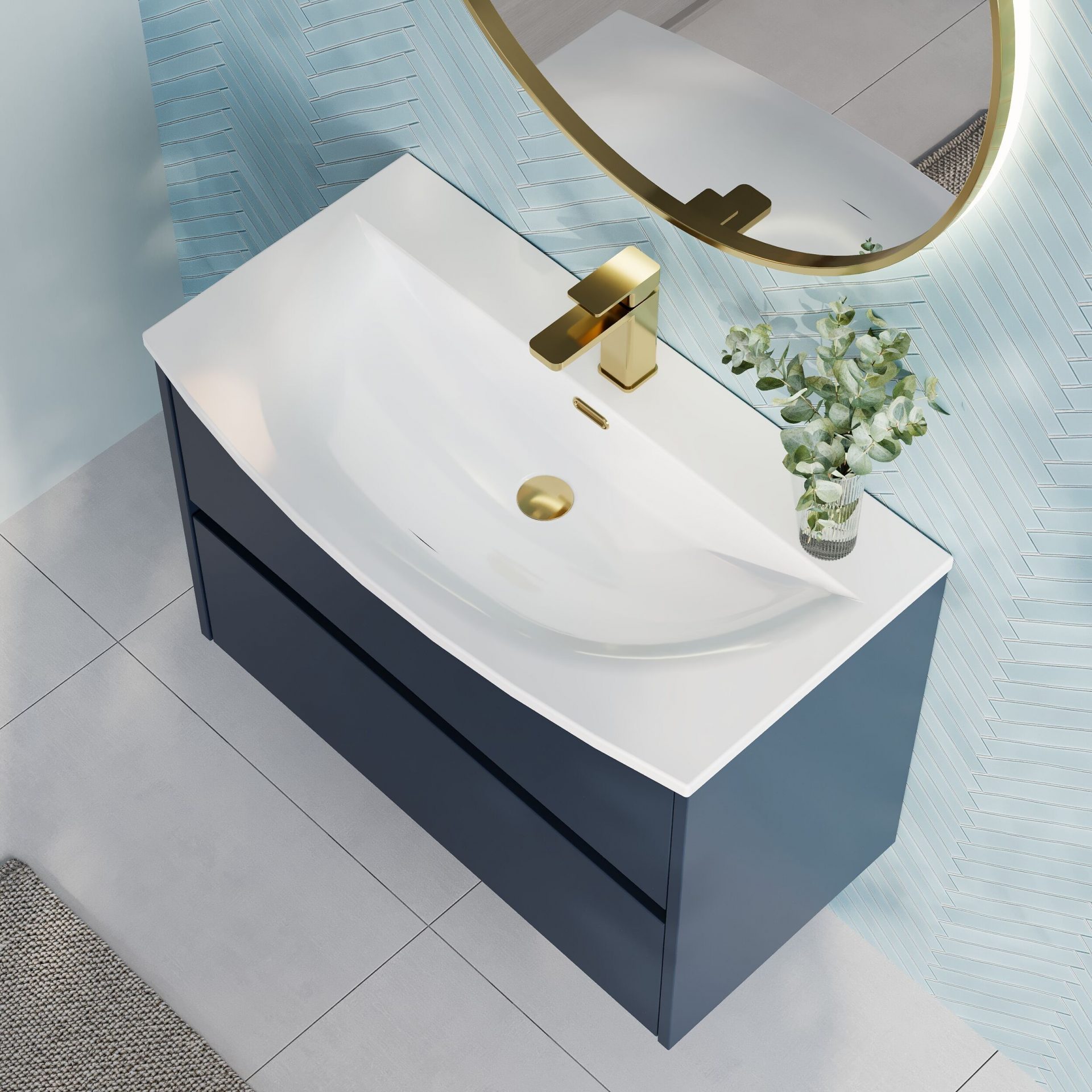 Nuie Havana 800mm 2 Drawer Wall Hung Unit & Curved Basin – Midnight Blue
