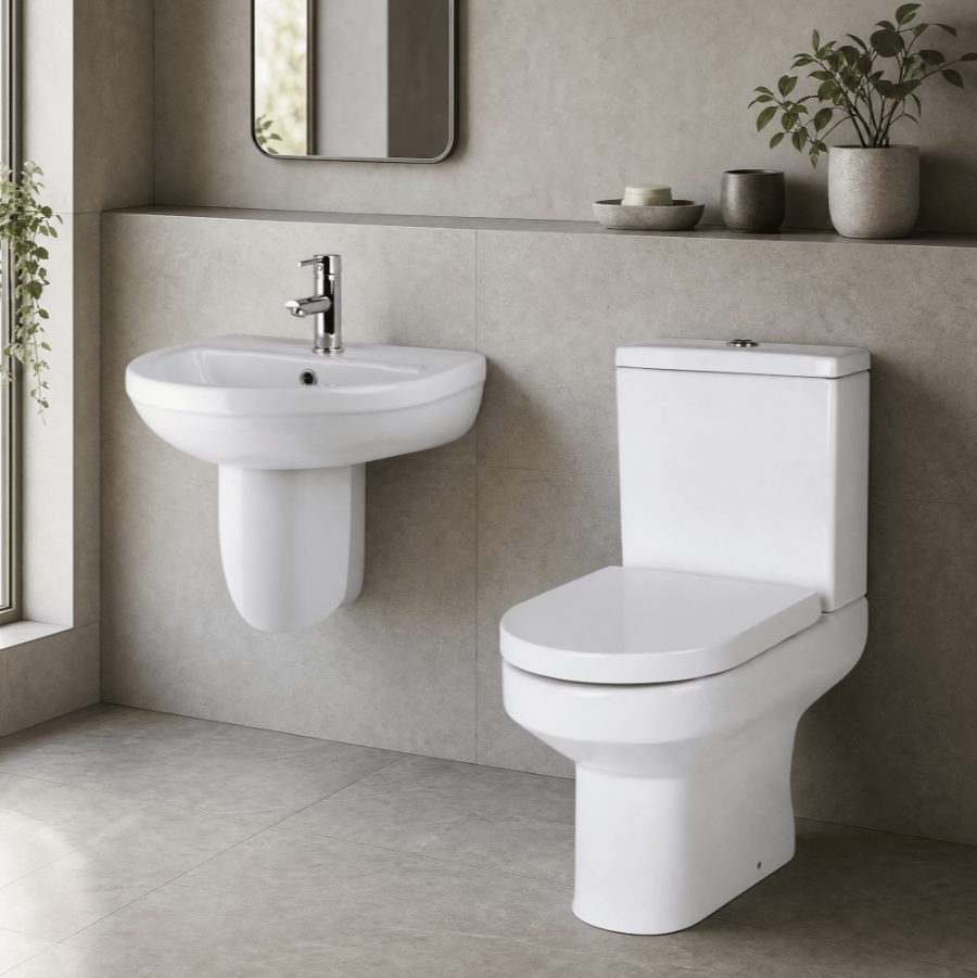 Ceramic Bathroom Suite – Toilet, Cistern, Seat, Basin and Semi Pedestal