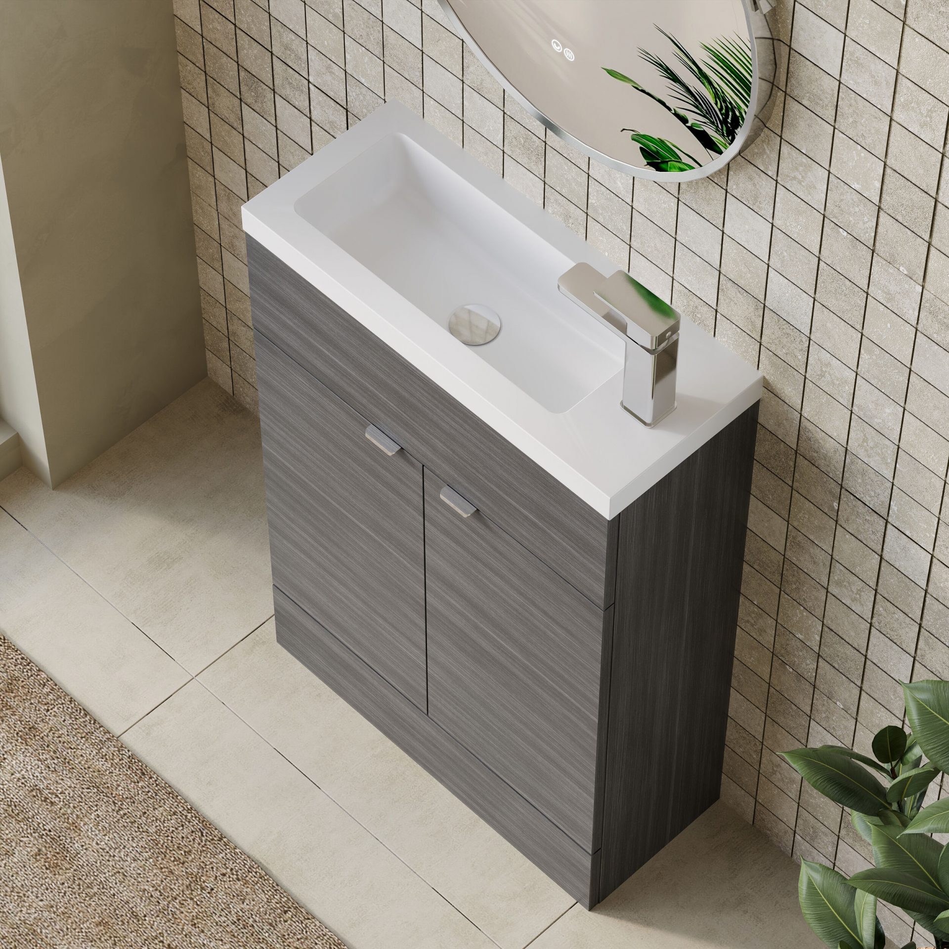 Hudson Reed Fusion Slimline 600mm 2 Door Floor Standing Vanity Unit – Anthracite Woodgrain