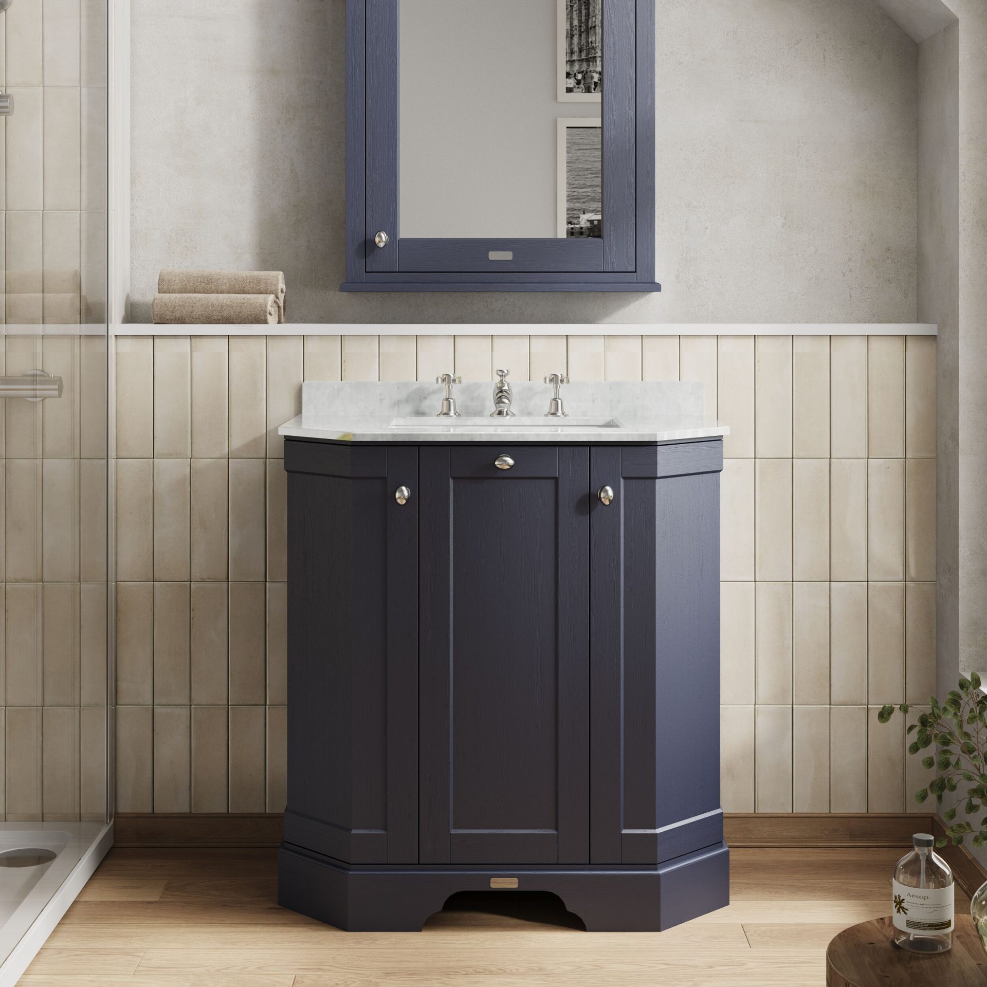 Old London 750mm 3 Door Floor Standing Angled Vanity Unit & White Marble Basin – Twilight Blue