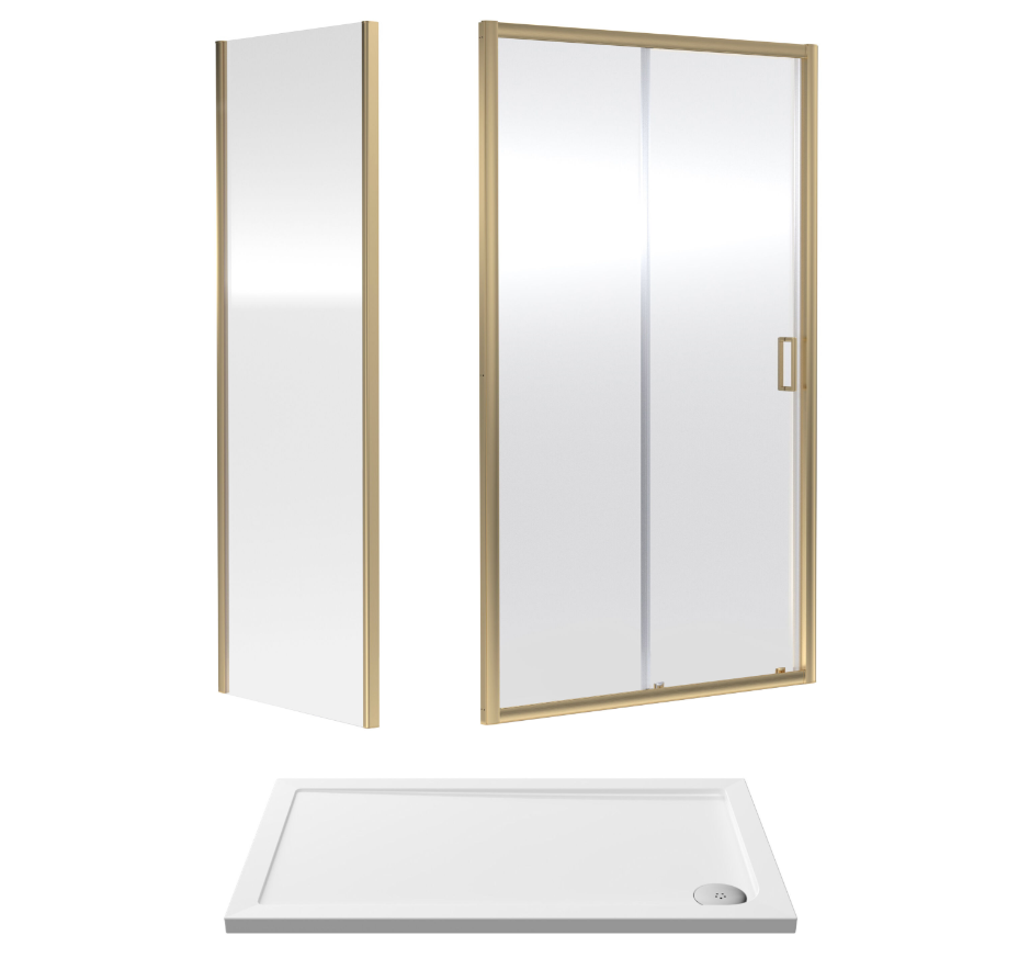 1200 x 700mm Brushed Brass Single Sliding Shower Enclosure With White Tray