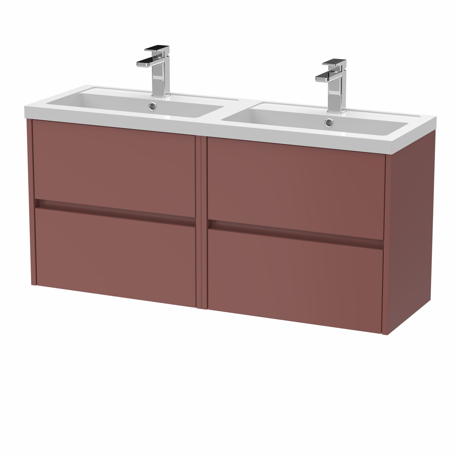Nuie Havana 1200mm 4 Drawer Wall Hung Unit & Twin Polymarble Basin – Smoked Red