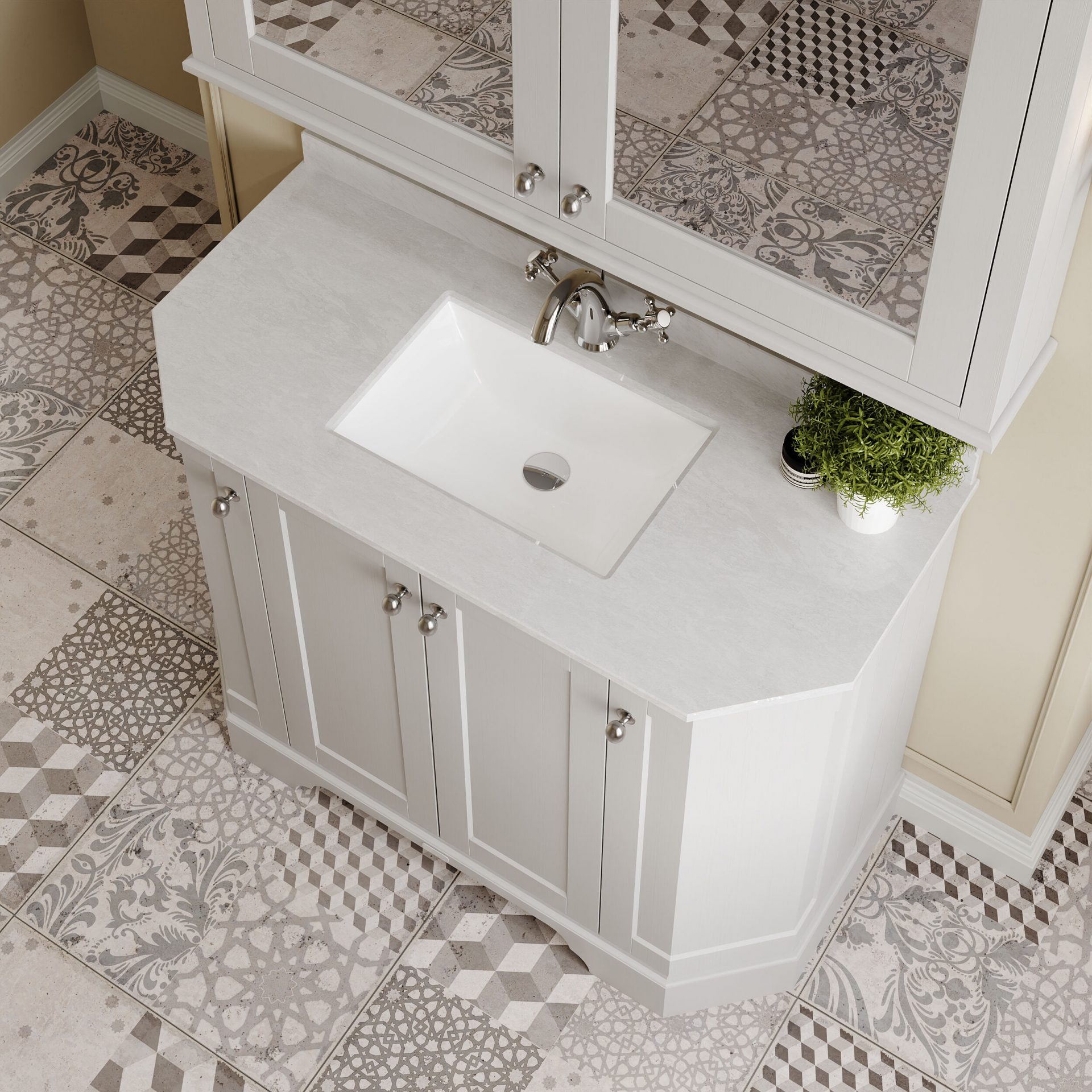 Old London 1000mm 4 Door Floor Standing Angled Vanity Unit & White Marble Basin – Timeless Sand