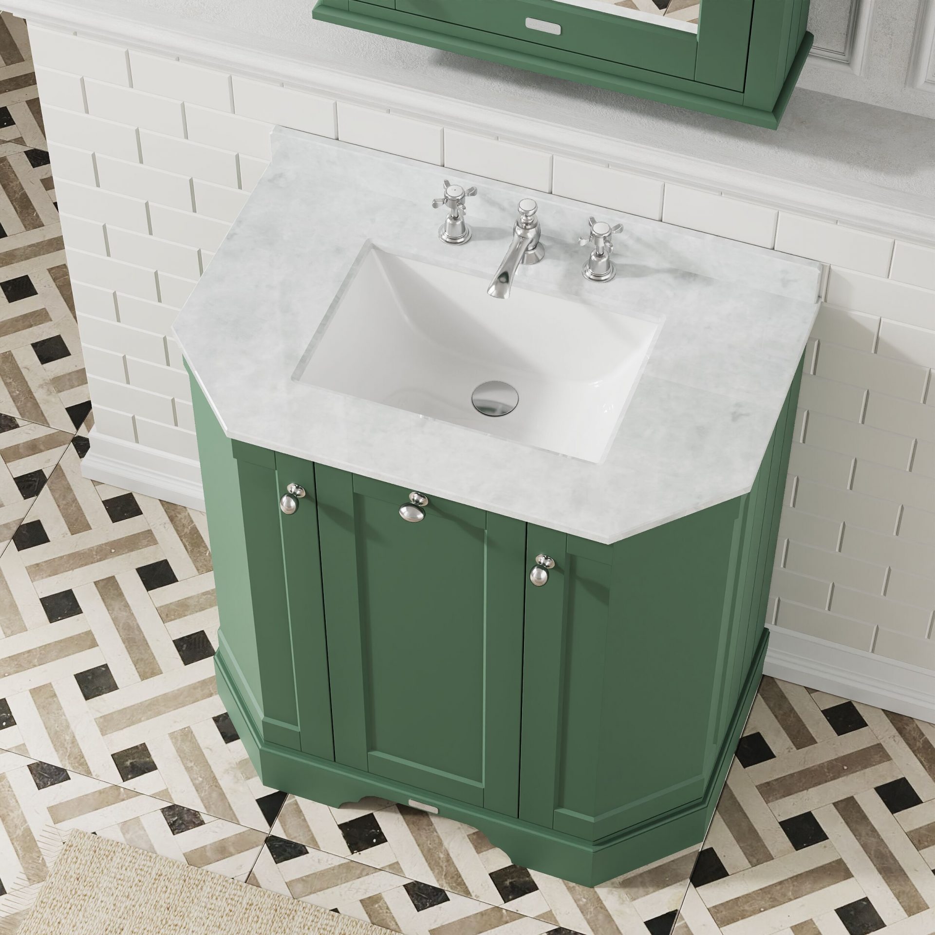 Old London 750mm 3 Door Floor Standing Angled Vanity Unit & White Marble Basin – Hunter Green