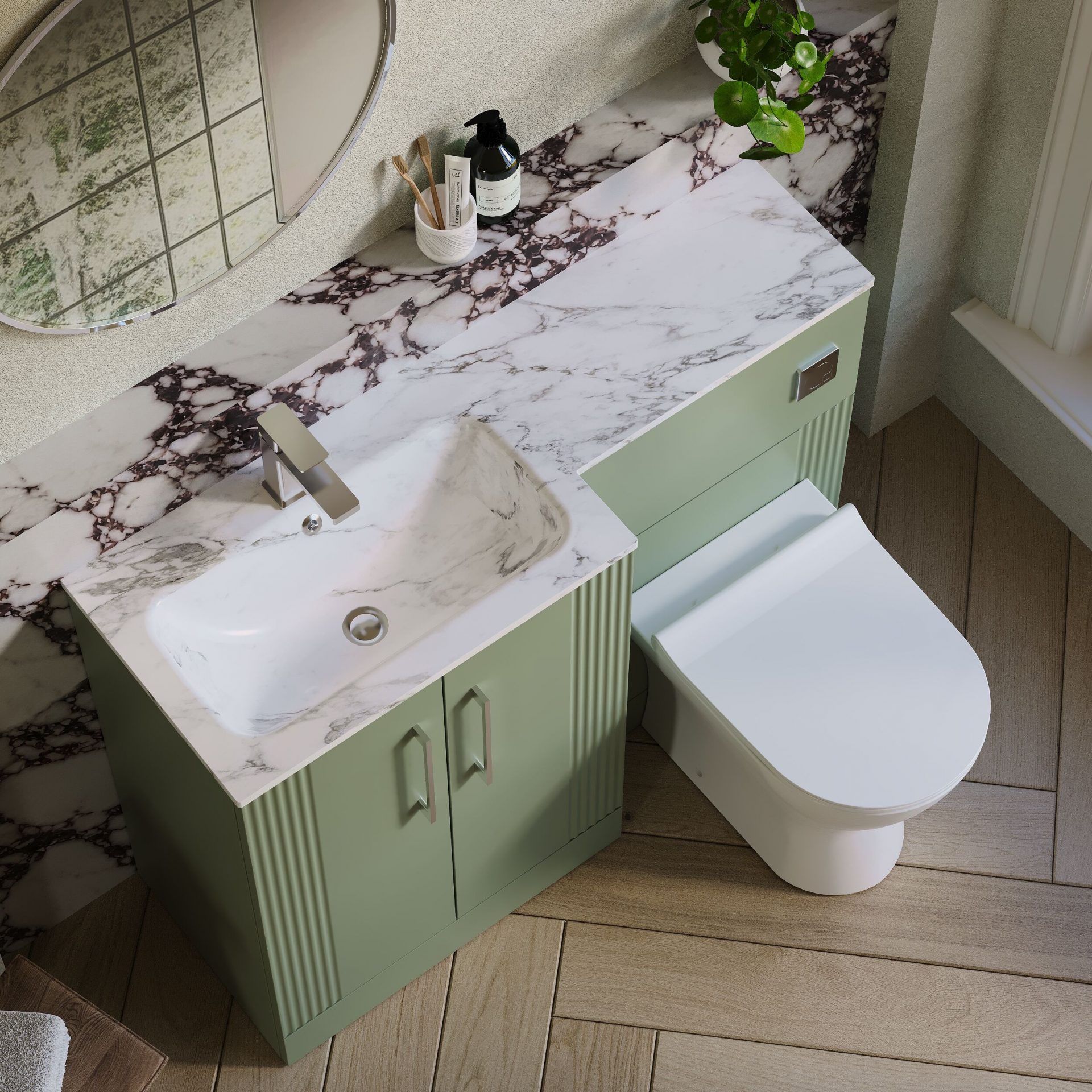 Nuie Deco 1100mm 2 Door Floor Standing Combination Unit with Carrara Marble Basin – Satin Green