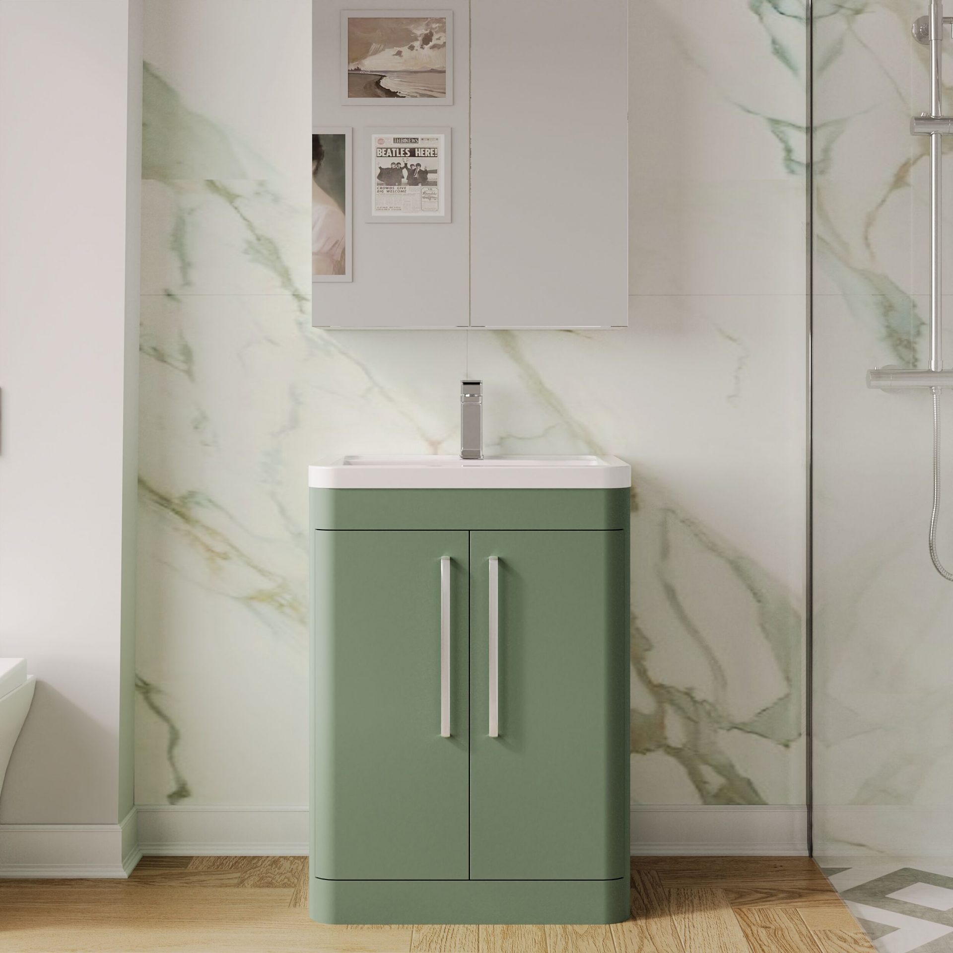 Nuie Parade 600mm 2 Door Floorstanding Vanity Unit & Ceramic Basin – Satin Green