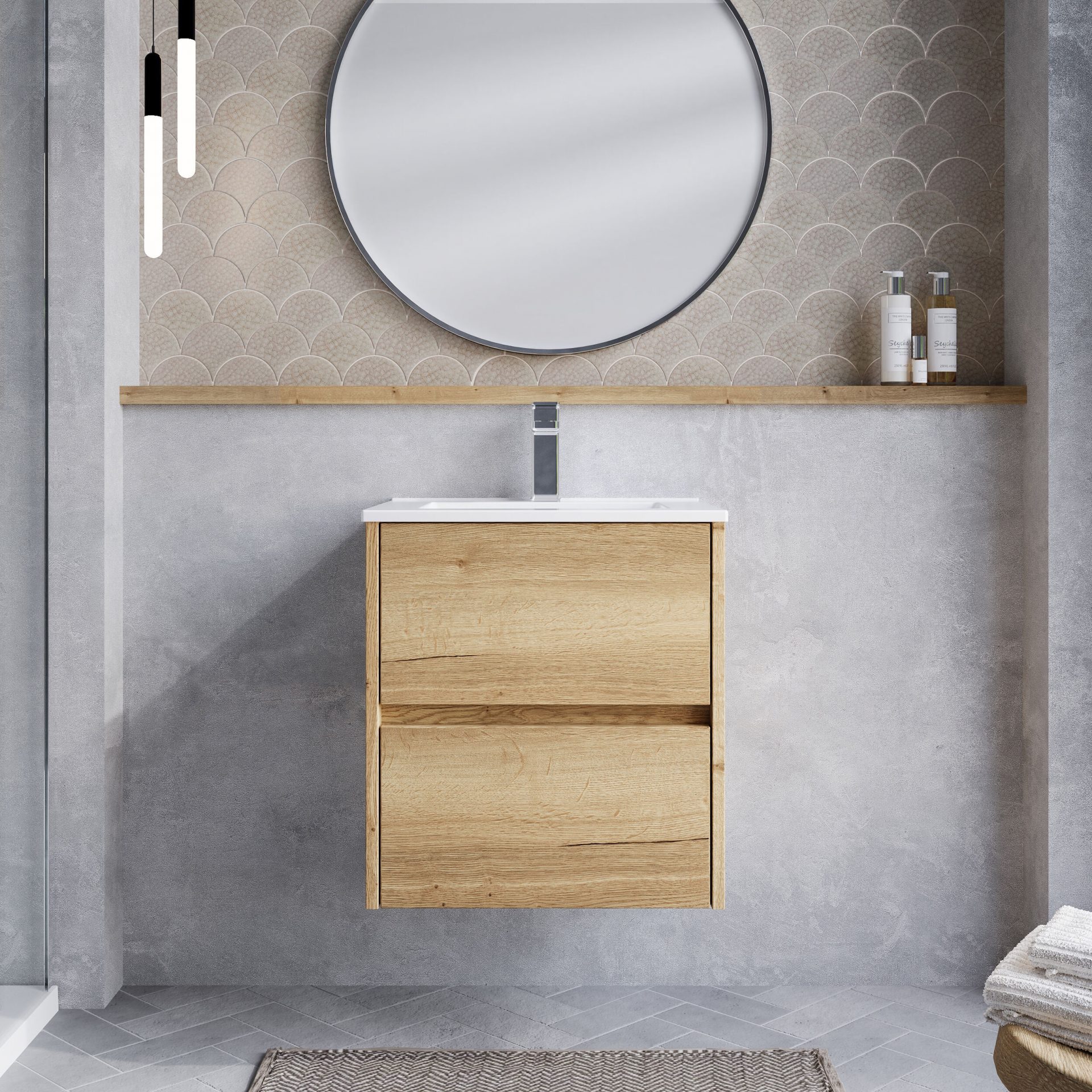 Nuie Havana 500mm 2 Drawer Wall Hung Unit & Minimalist Basin – Autumn Oak