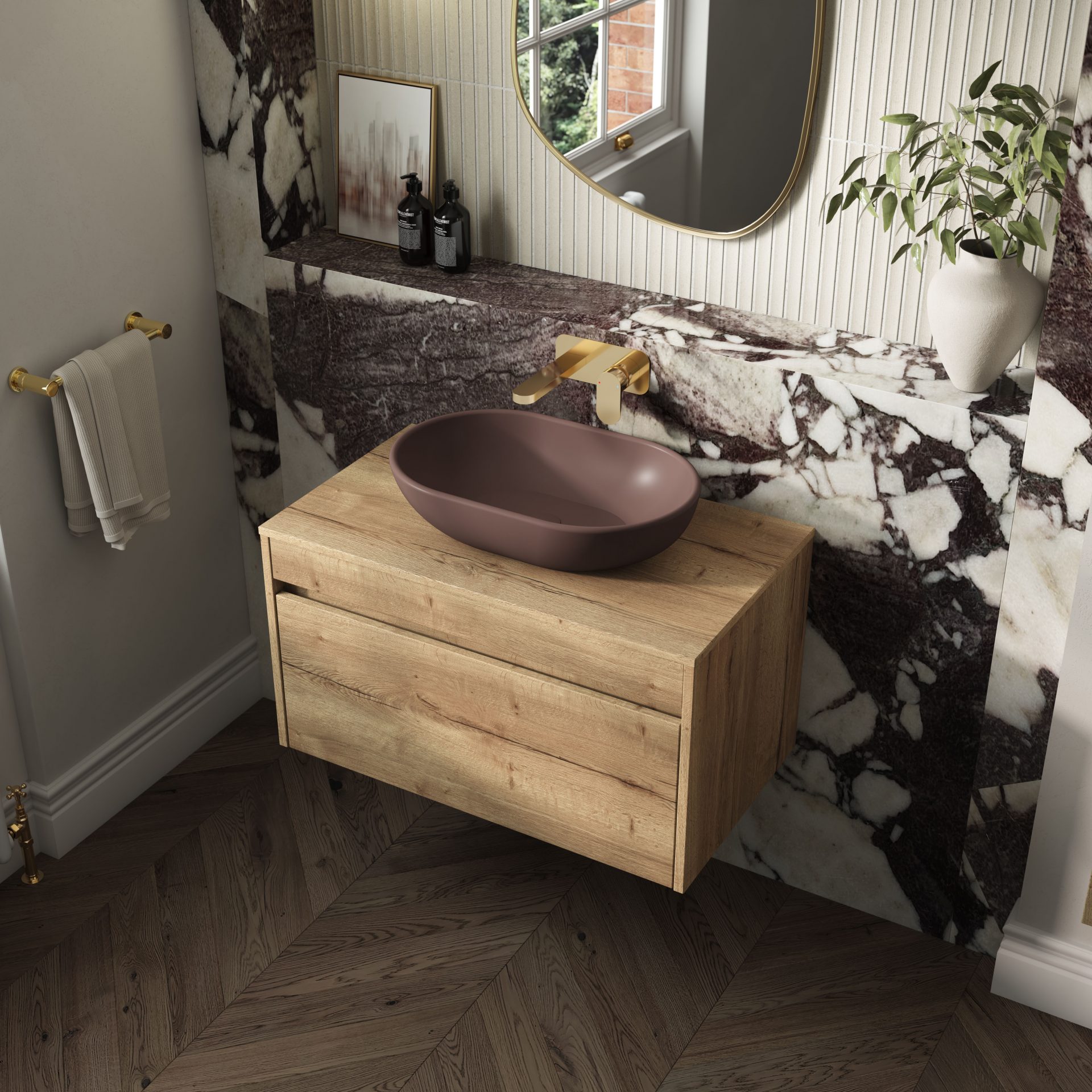 Nuie Lux Loftwood 800mm 1 Drawer Wall Hung Vanity Unit – Autumn Oak