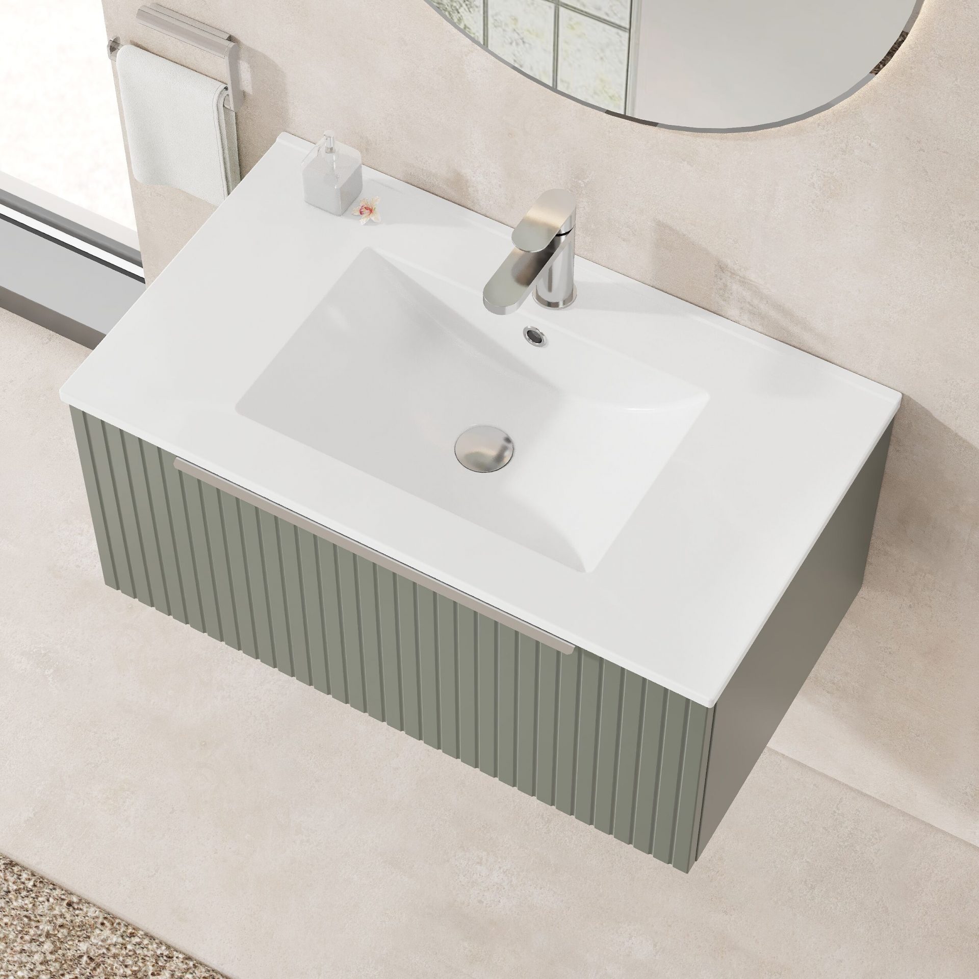 Nuie Lux Flume 800mm 1 Drawer Wall Hung Vanity Unit – Fern Green